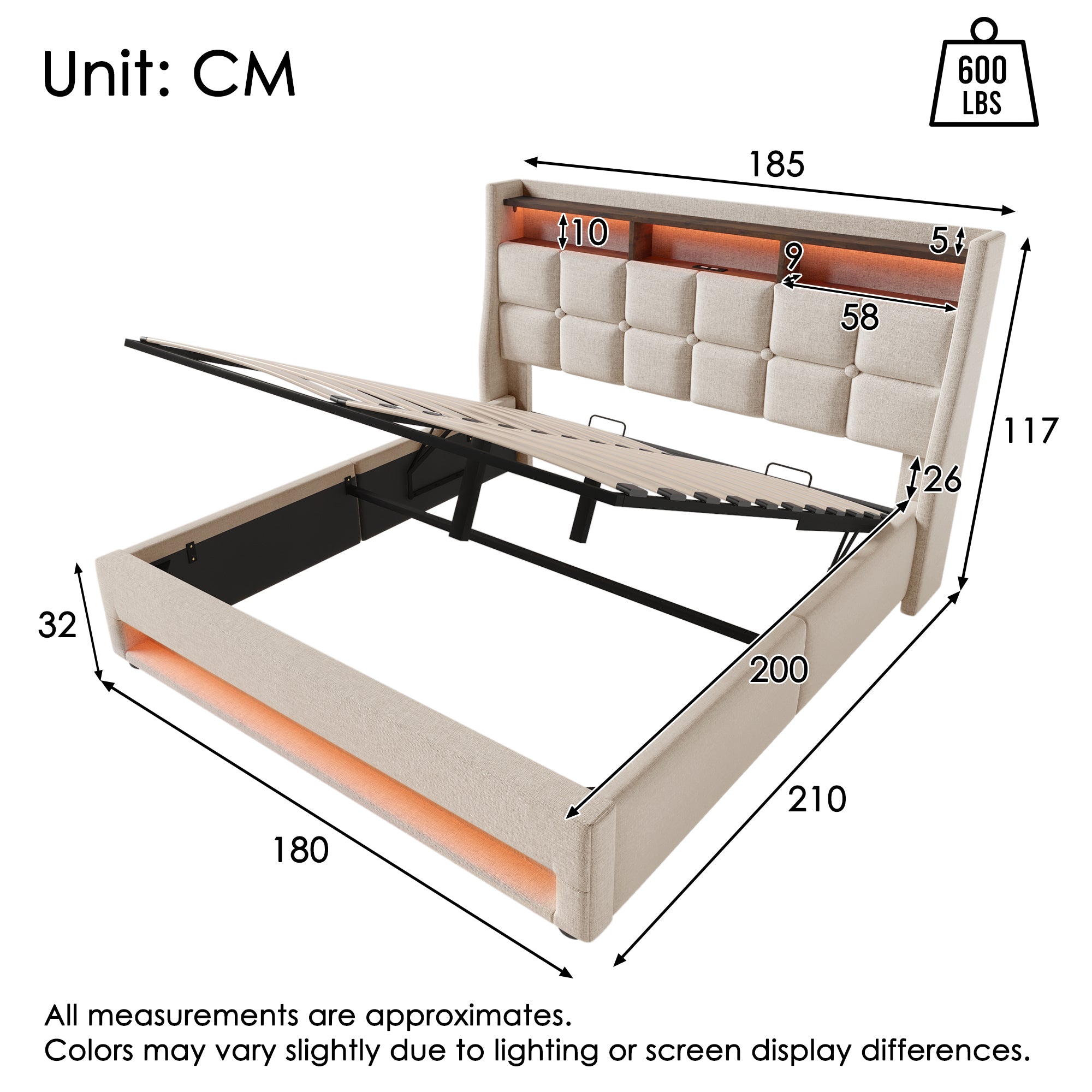 Upholstered Bed 180 x 200 cm with LED Lighting, USB Type-C Charging Function, Storage Headboard, 6FT Super King Size Storage Bed Frame with Metal Slatted Frame, Linen, Beige (No Mattress)