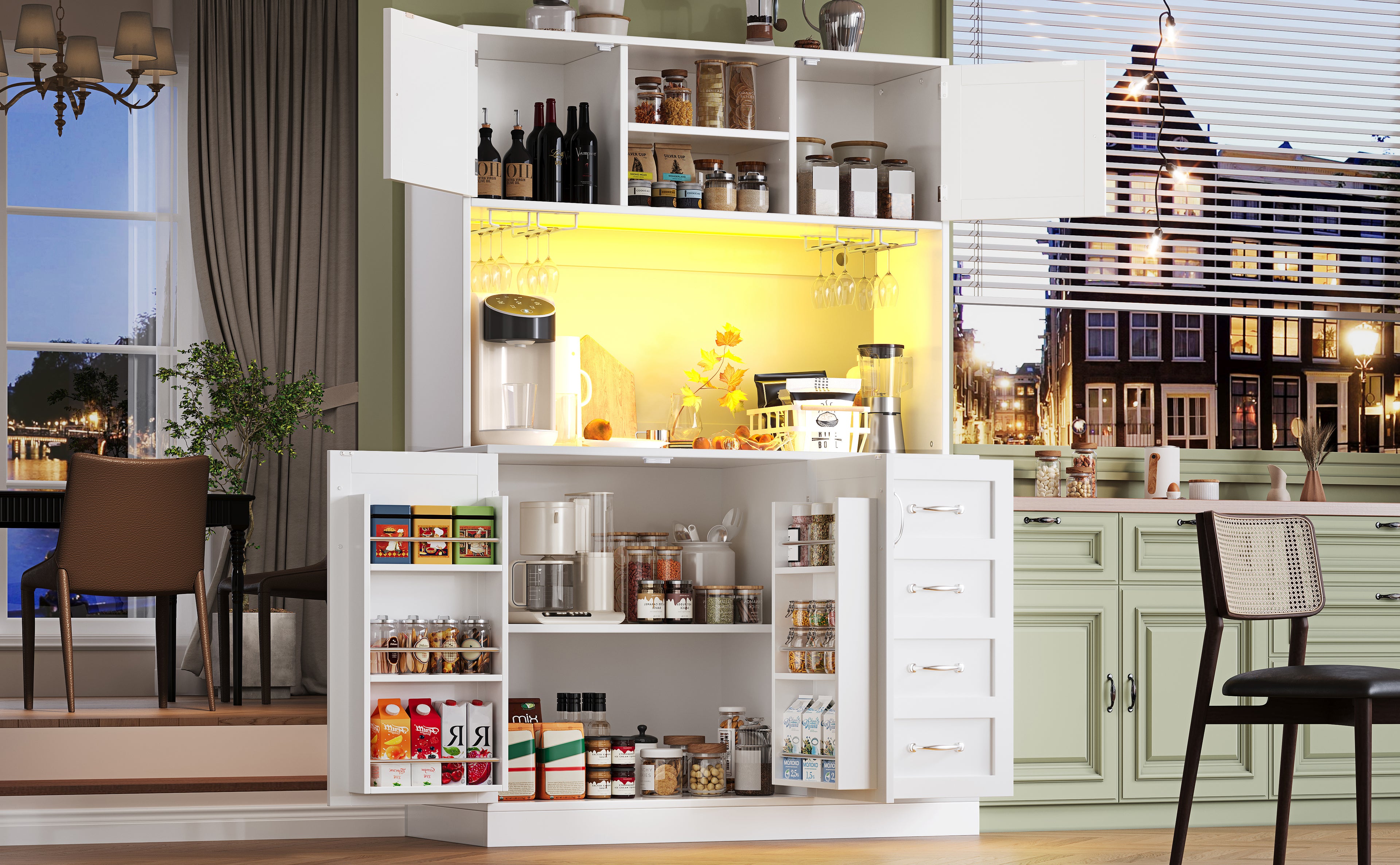 Sideboard / Storage Cabinet / Kitchen Cabinet / Buffet Cabinet, 120x40x188cm, with LED Lighting, Snack Rack & Drink Holders, 4 Doors & 2 Large Drawers, Green/White