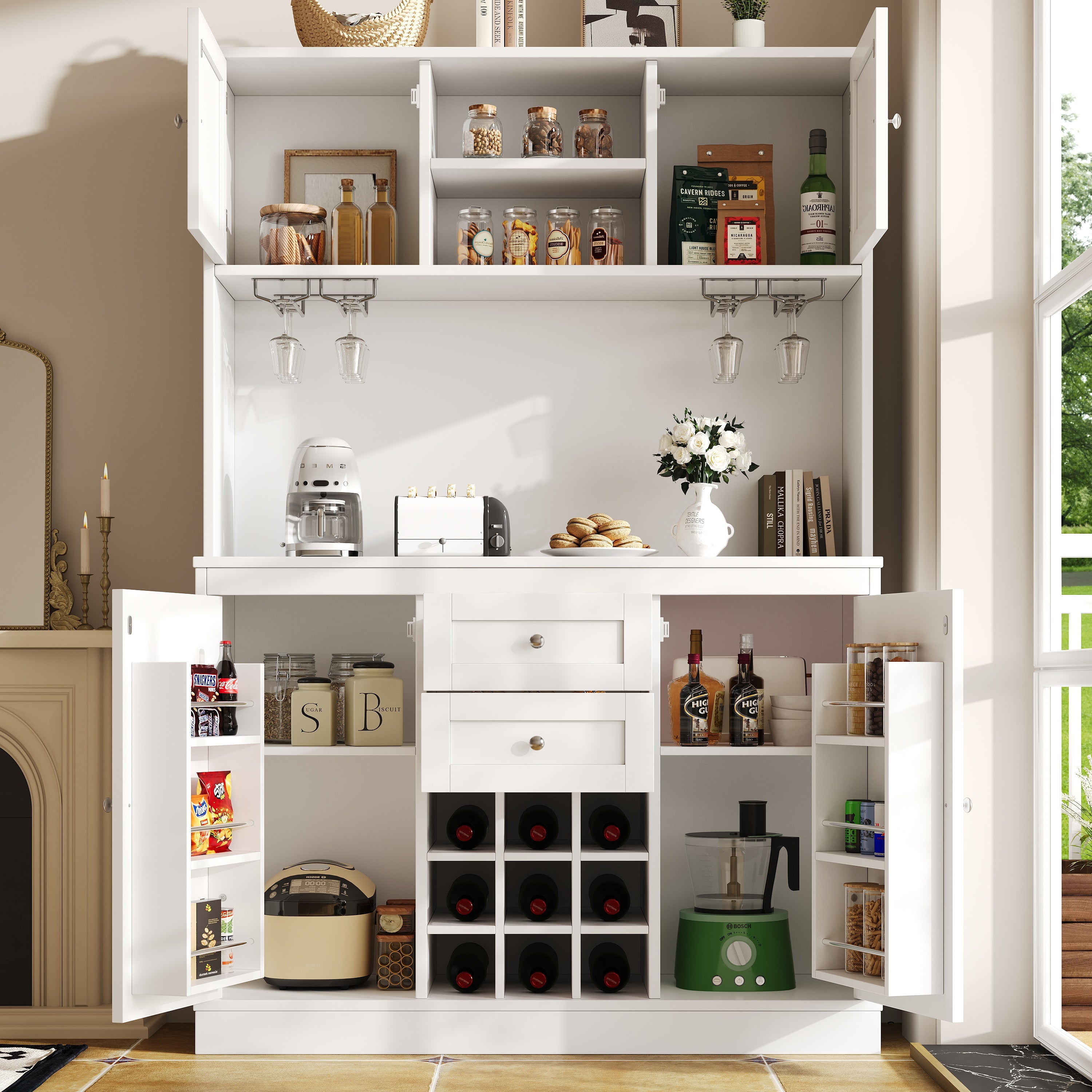 Kitchen Cabinet with Adjustable Shelves & Wine Rack, Tall Kitchen Cabinet with 4 Doors & 2 Drawers, Sideboard for Kitchen & Living Room, Buffet Cabinet, White/Balck
