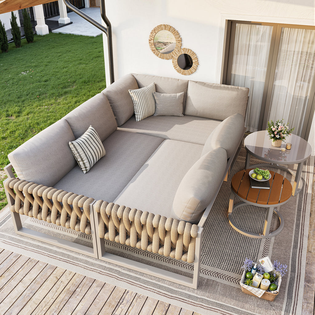 Garden furniture set with adjustable legs, water-repellent and removable cushions, modular garden lounge set for 5-6 people, suitable for balconies, gardens, and patios, beige