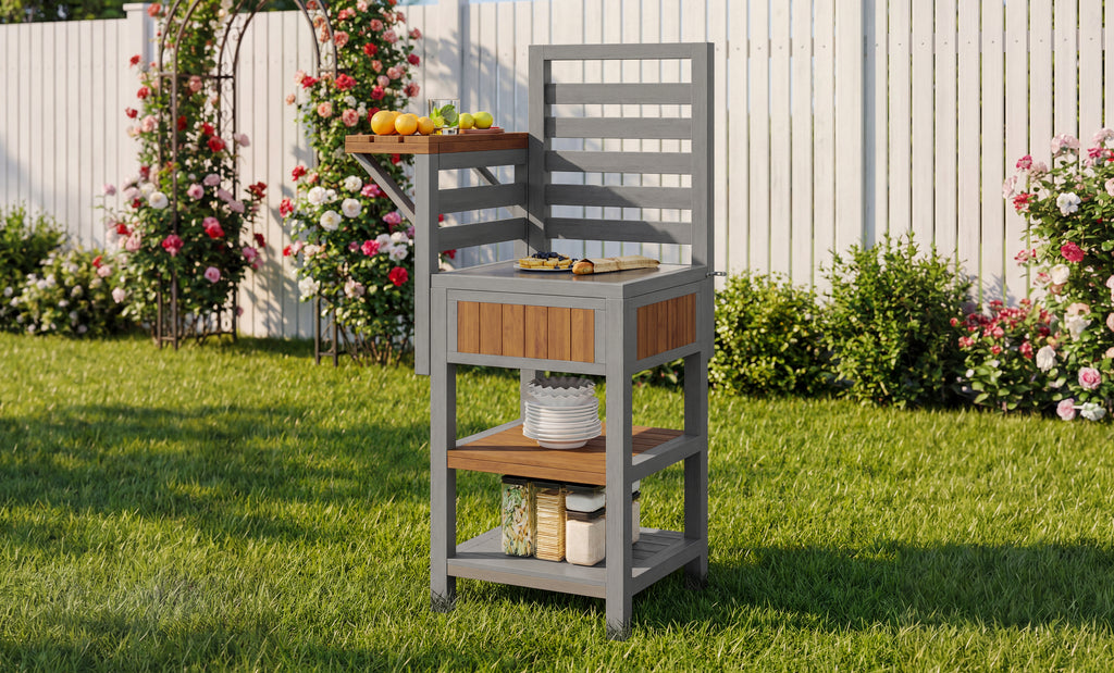 Outdoor wooden garden cabinet, weatherproof – tool shed with large stainless steel work surface and double shelf, grill station with additional storage space, weatherproof kitchen cabinet