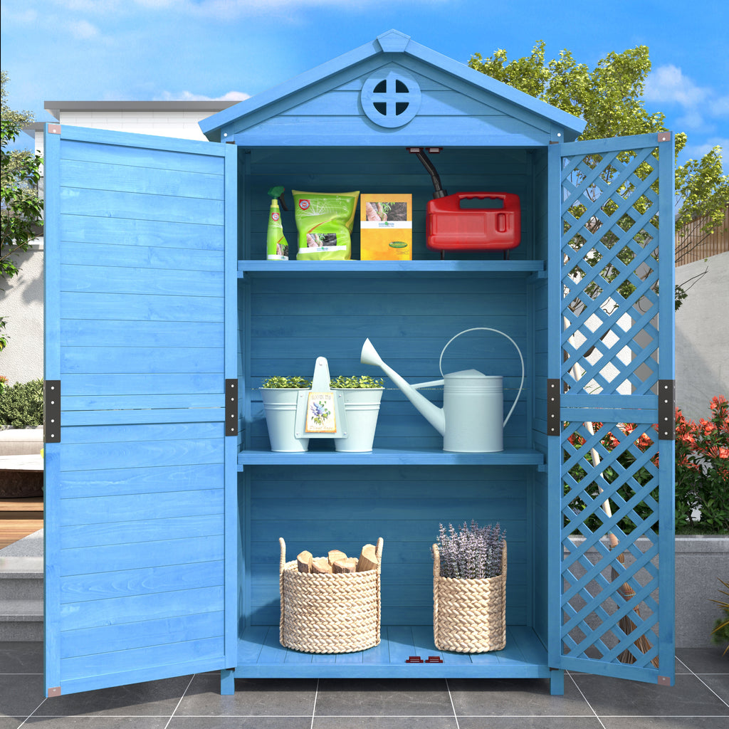 Outdoor Wood Garden Furniture Storage Shed, Tool House with Ventilation Slots for Backyard, Patio, Fade Free, All Weather Resistant, Safe and Secure, Zero Maintenance, Blue