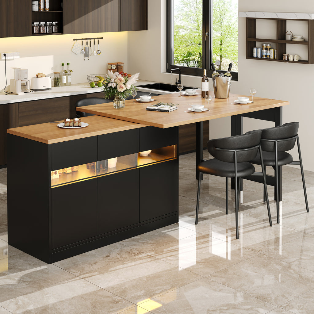 Extendable bar table with LED lighting and 360° swivel function, adjustable length 120-180 cm, modern kitchen island table with storage space, for living room, dining room, home office