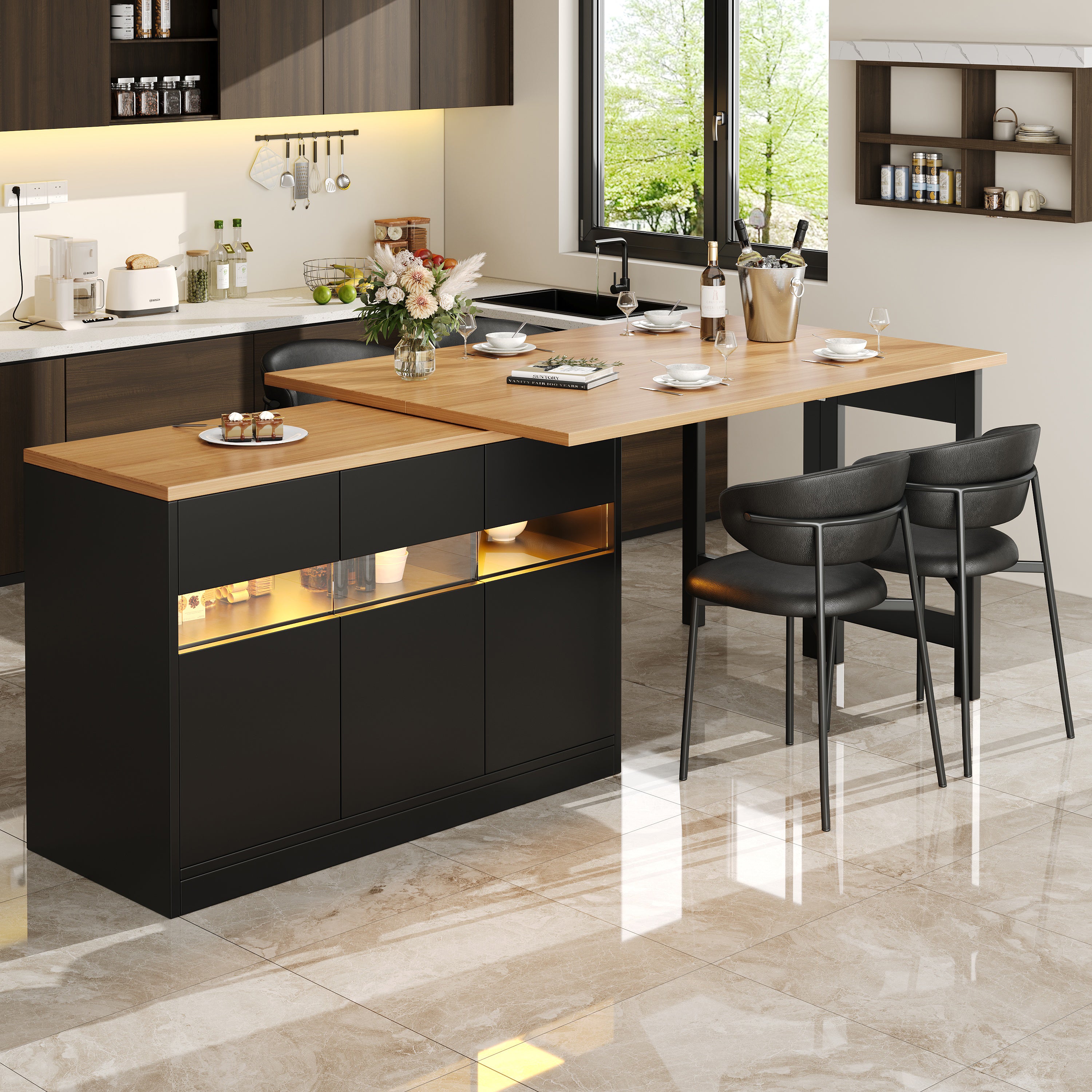 Extendable bar table with LED lighting and 360° swivel function, adjustable length 120-180 cm, modern kitchen island table with storage space, for living room, dining room, home office