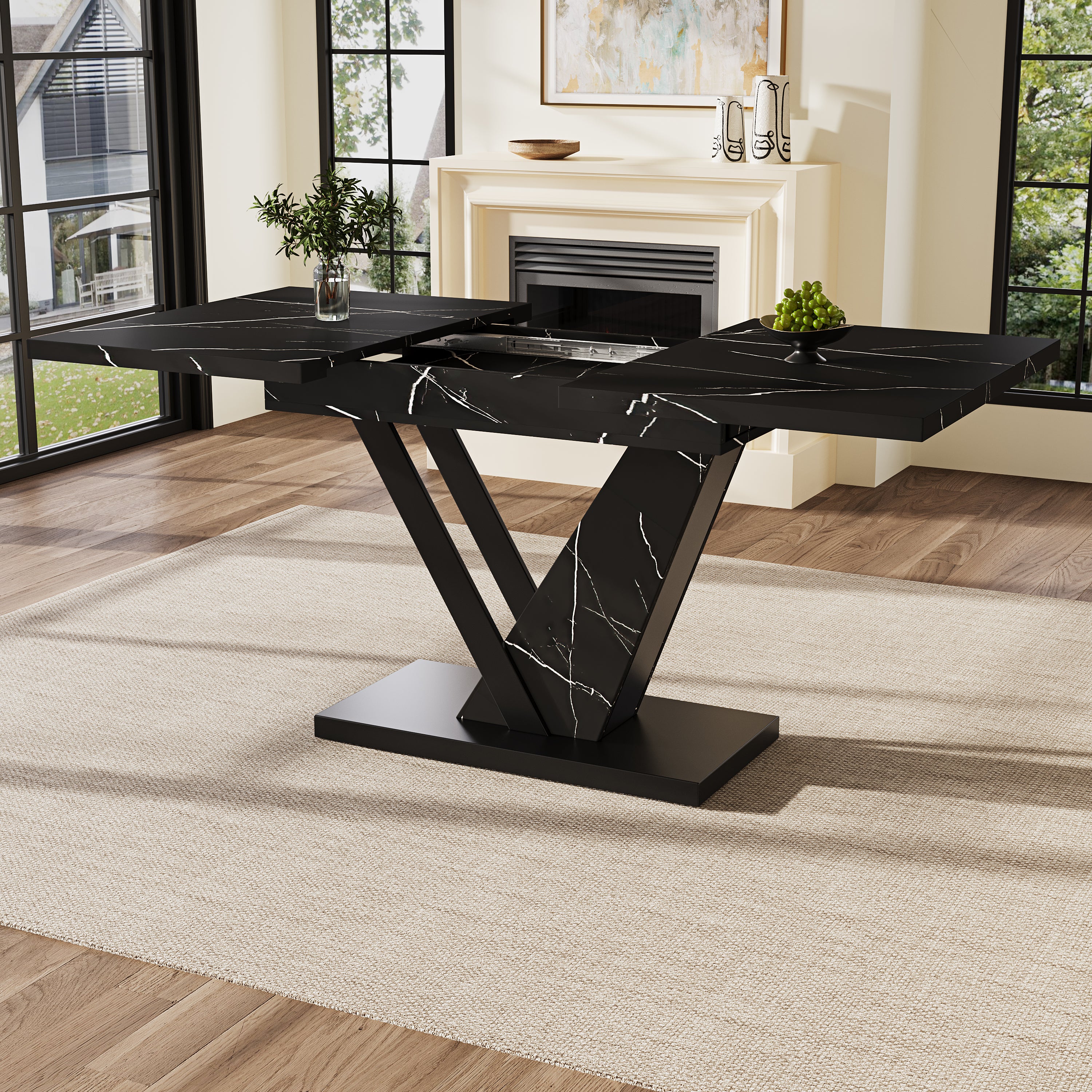 Dining table Telescopic table (120-160*75cm), extendable table, extendable to 120-160cm with the aid of internal insert panels, for kitchen and living room, dining table with black marble pattern