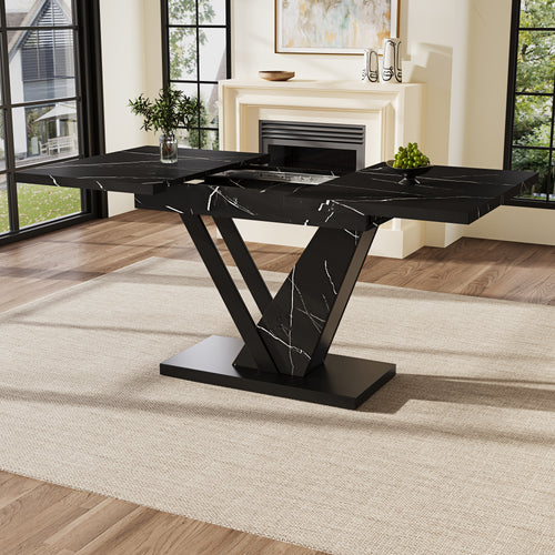 Dining table Telescopic table (120-160*75cm), extendable table, extendable to 120-160cm with the aid of internal insert panels, for kitchen and living room, dining table with black marble pattern