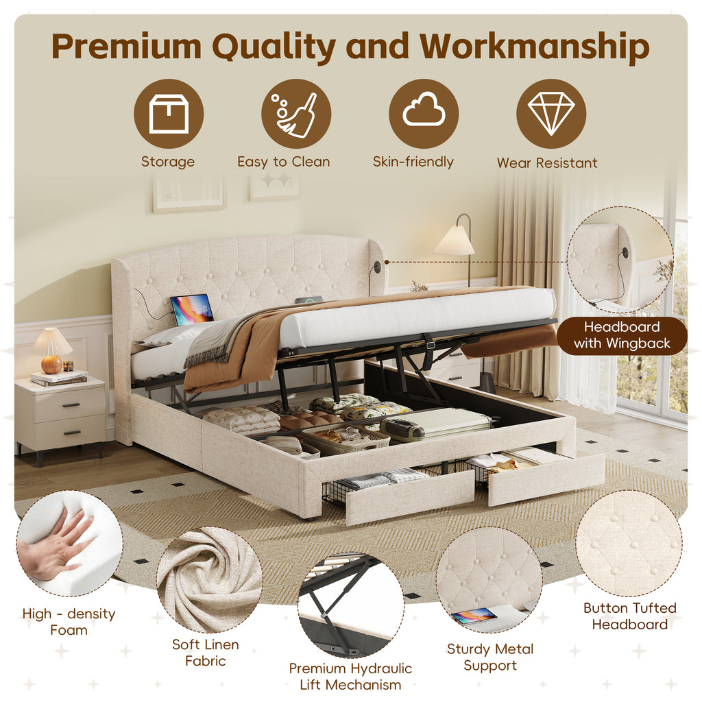 Double Upholstered Bed with Hydraulic and Drawers Storage, Button tufted Headboard with Wingback and Charging Station,  USB and Type - C Ports, No Box Spring Needed, Linen, Beige (No Mattress)