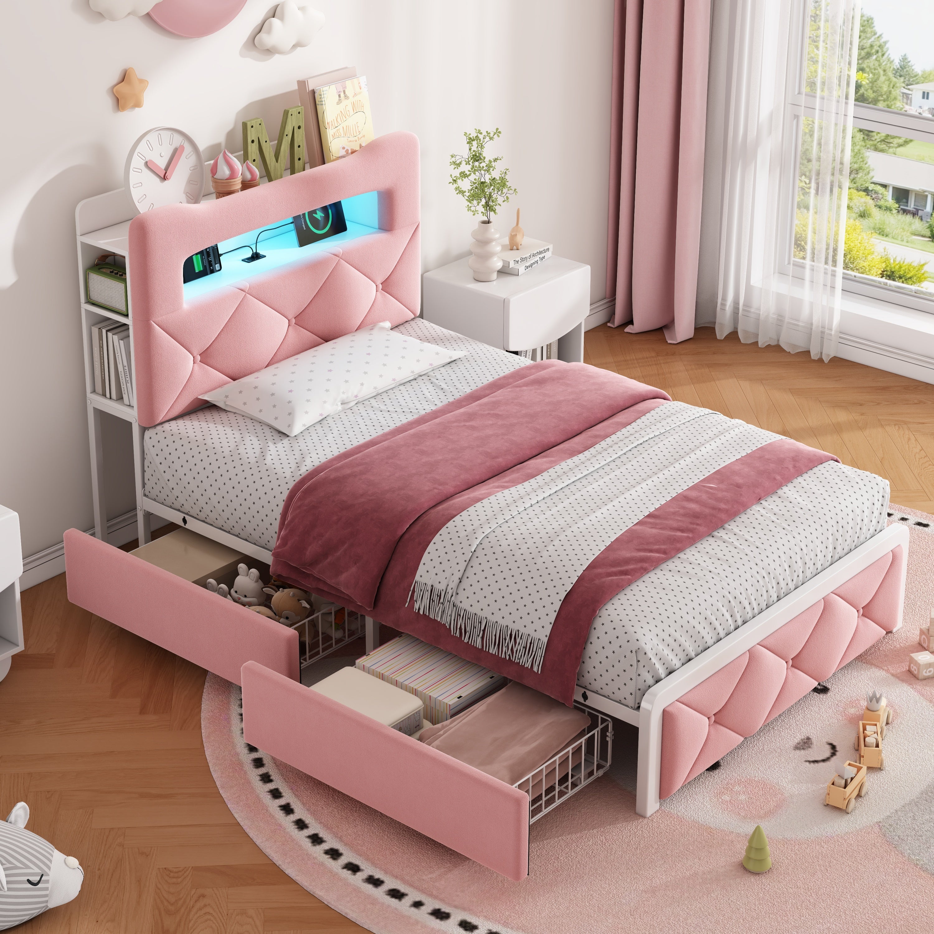 3ft Single Upholstered Bed with LED Button Tufted Bedside Storage Headboard, Velvet Bed Frame with 2 Storage Drawers, USB and Type - C Ports, No Box Spring Needed, Easy Assembly, Pink (No Mattress)