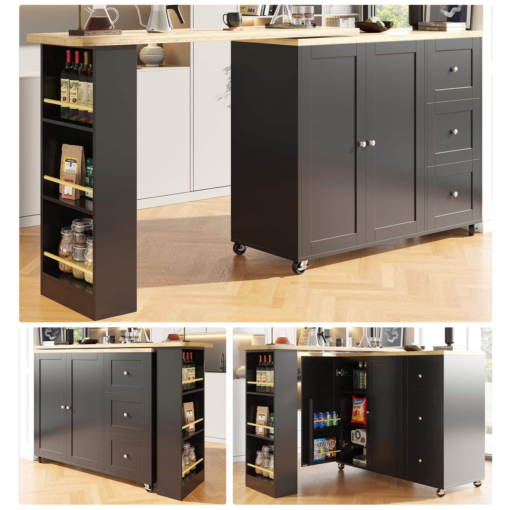 360° swivelling dining table (138-209 x 39 x 106 cm) on castors, bar table, black, with three drawers and snack rack, multifunctional storage island, suitable for kitchen and living room.