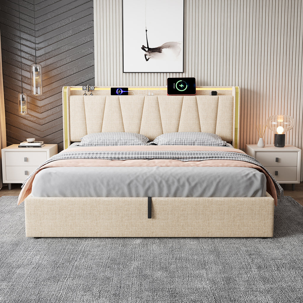 5ft King Upholstered Bed Frame with Hydraulic Storage, LED Headboard with Charging Station and Chrome Trim, USB and Type-C Ports, Linen, No Box Spring Needed, Beige (No Mattress)