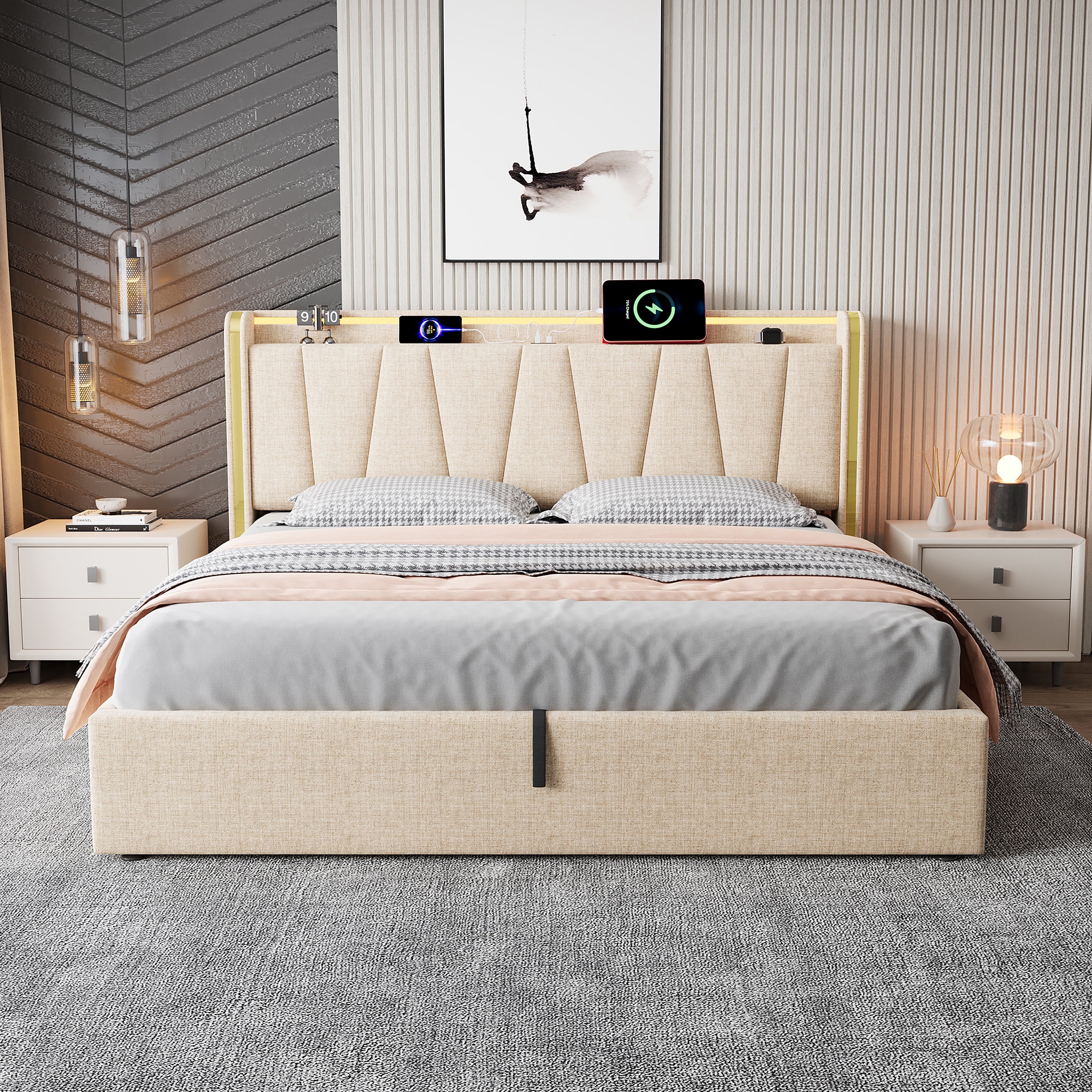 5ft King Upholstered Bed Frame with Hydraulic Storage, LED Headboard with Charging Station and Chrome Trim, USB and Type-C Ports, Linen, No Box Spring Needed, Beige (No Mattress)