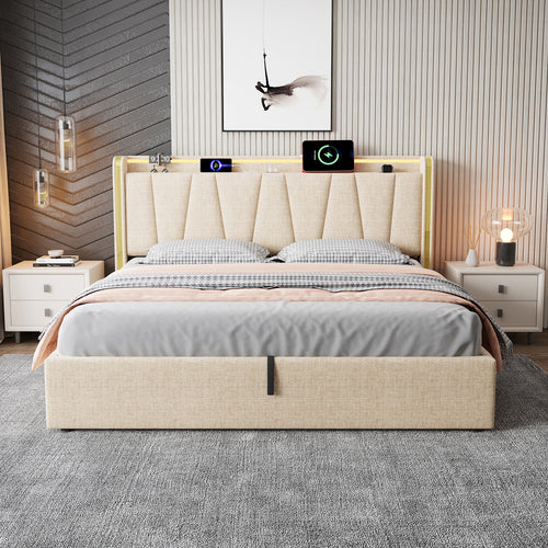 5ft King Upholstered Bed Frame with Hydraulic Storage, LED Headboard with Charging Station and Chrome Trim, USB and Type-C Ports, Linen, No Box Spring Needed, Beige (No Mattress)
