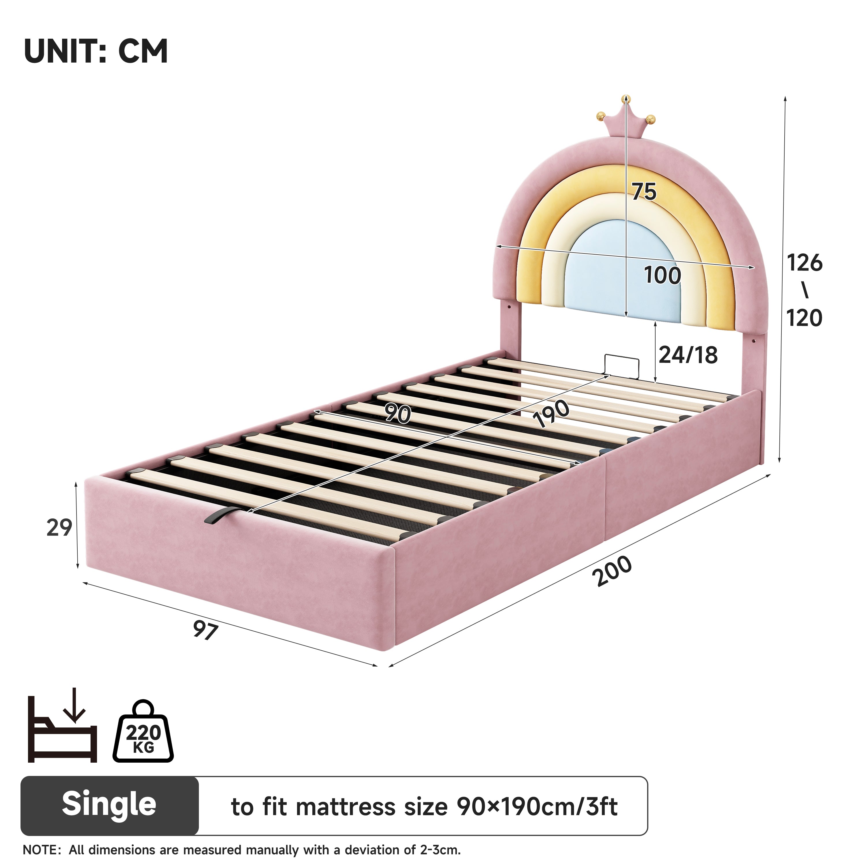 3ft Single Upholstered Hydraulic Bed with Adjustable Rainbow Headboard, Soft Velvet Bed Frame with Hydraulic Storage, Stylish Rainbow Headboard with Crown, No Box Spring Needed, Pink (No Mattress)