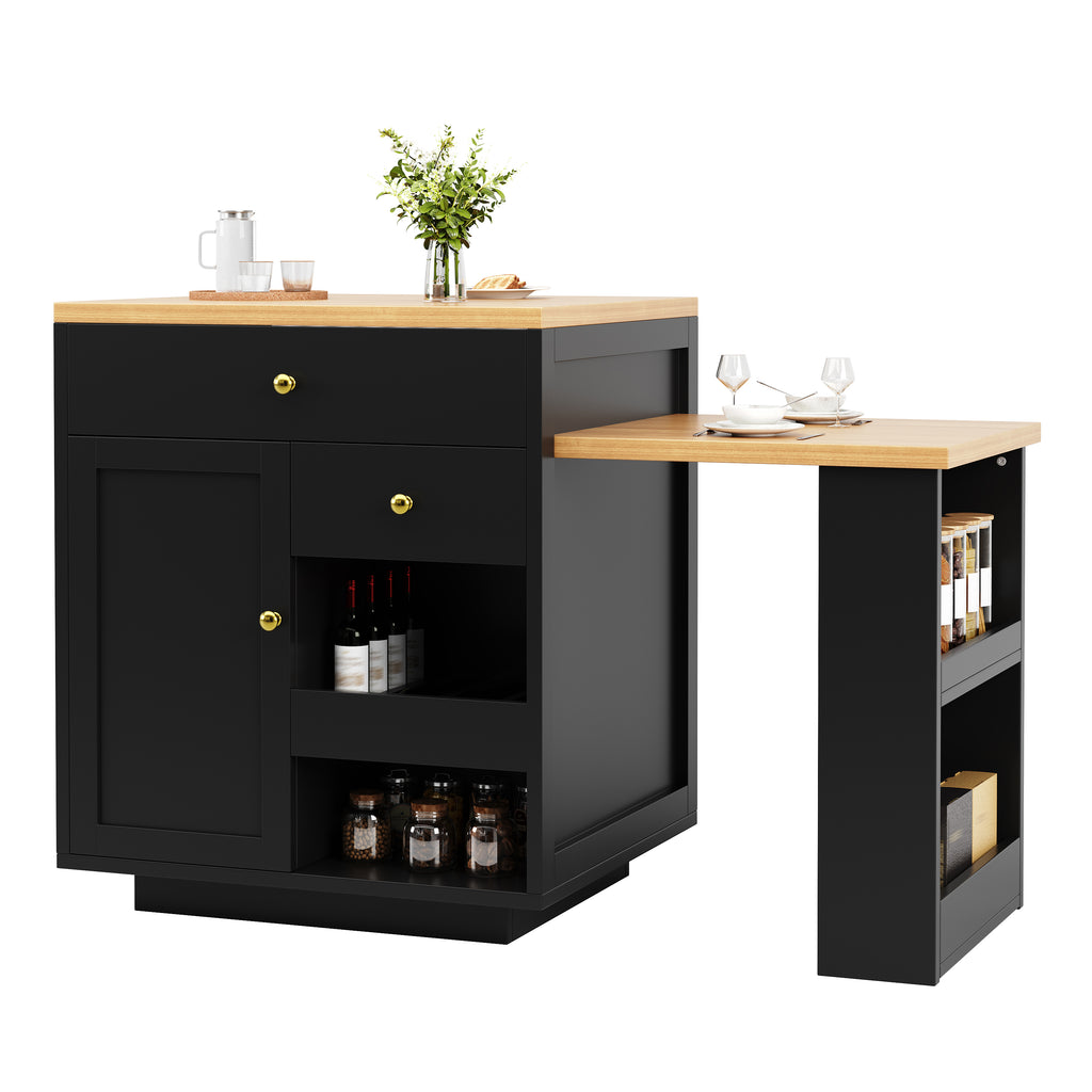 Extendable bar table with storage (122.5-195.5×70×93.8cm), with three drawers and wine rack, kitchen island with extendable table, for 2-6 people, kitchen dining cart with side shelves, black