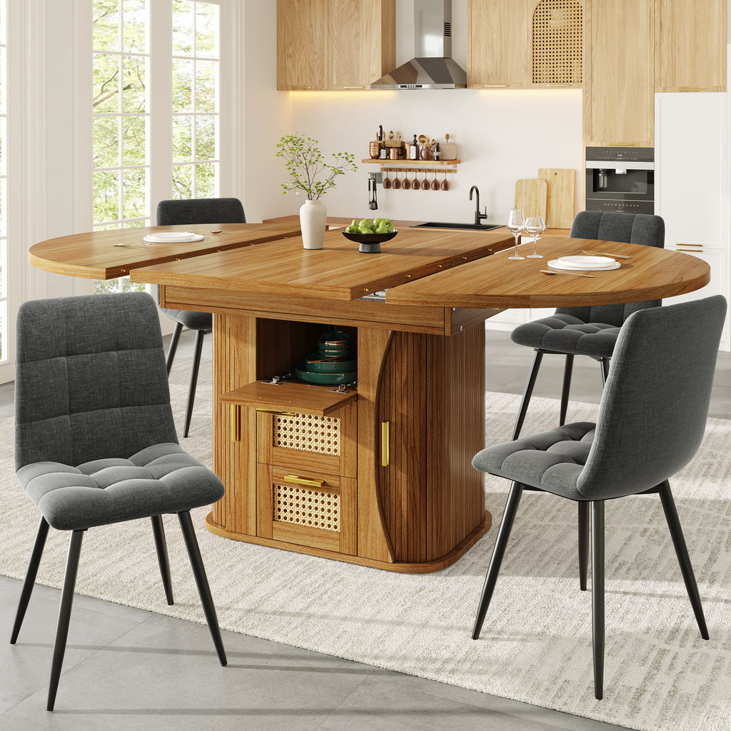 Extendable dining table with storage, 118–158cm table with rattan drawers, MDF wood look, black / natural wood / brown