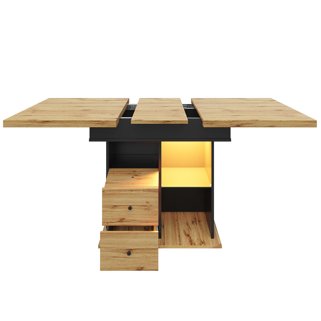 Telescopic dining table (110-140 x 80 cm), foldable kitchen table for 4-6 people, extendable dining table, space-saving kitchen table, for kitchen and living room, table with LED lighting