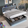 6ft Super King Upholstered Bed Frame with Hydraulic Storage,  Linen Ottoman Bed with LED Lighting and Charging Station, USB and Type - C Ports, No Box Spring Needed, Grey (No Mattress)