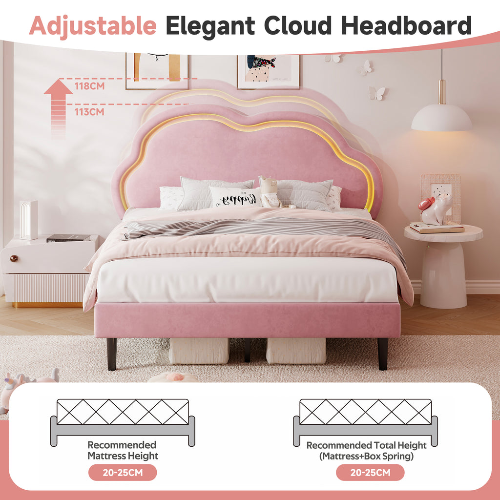 4ft6 Double Upholstered Bed with LED Adjustable Cute Cloud Headboard, Soft Velvet Bed Frame with Solid Wood Slat, No Box Spring Needed, Easy Assembly, Pink (No Mattress)