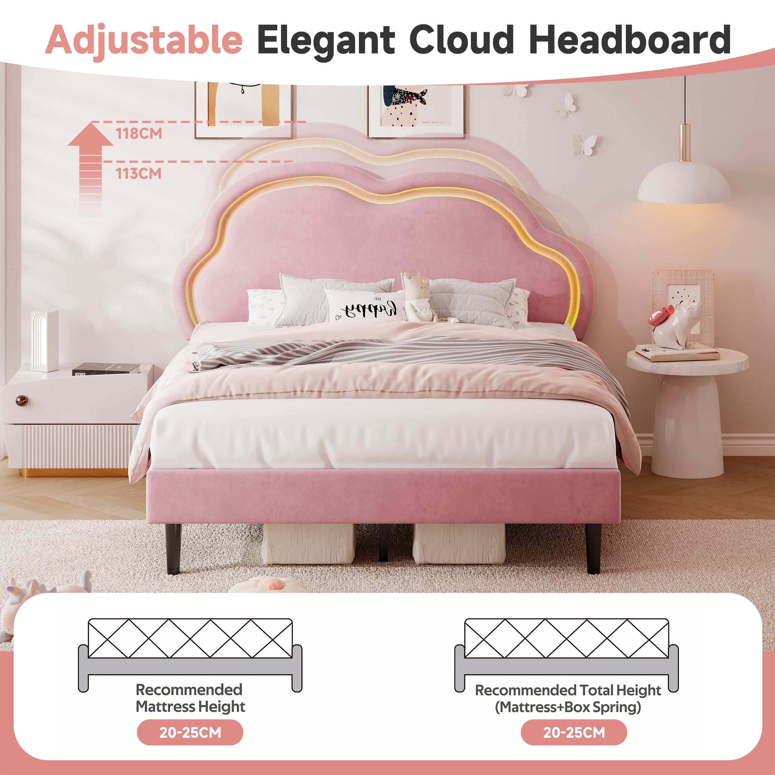 4ft6 Double Upholstered Bed with LED Adjustable Cute Cloud Headboard, Soft Velvet Bed Frame with Solid Wood Slat, No Box Spring Needed, Easy Assembly, Pink (No Mattress)