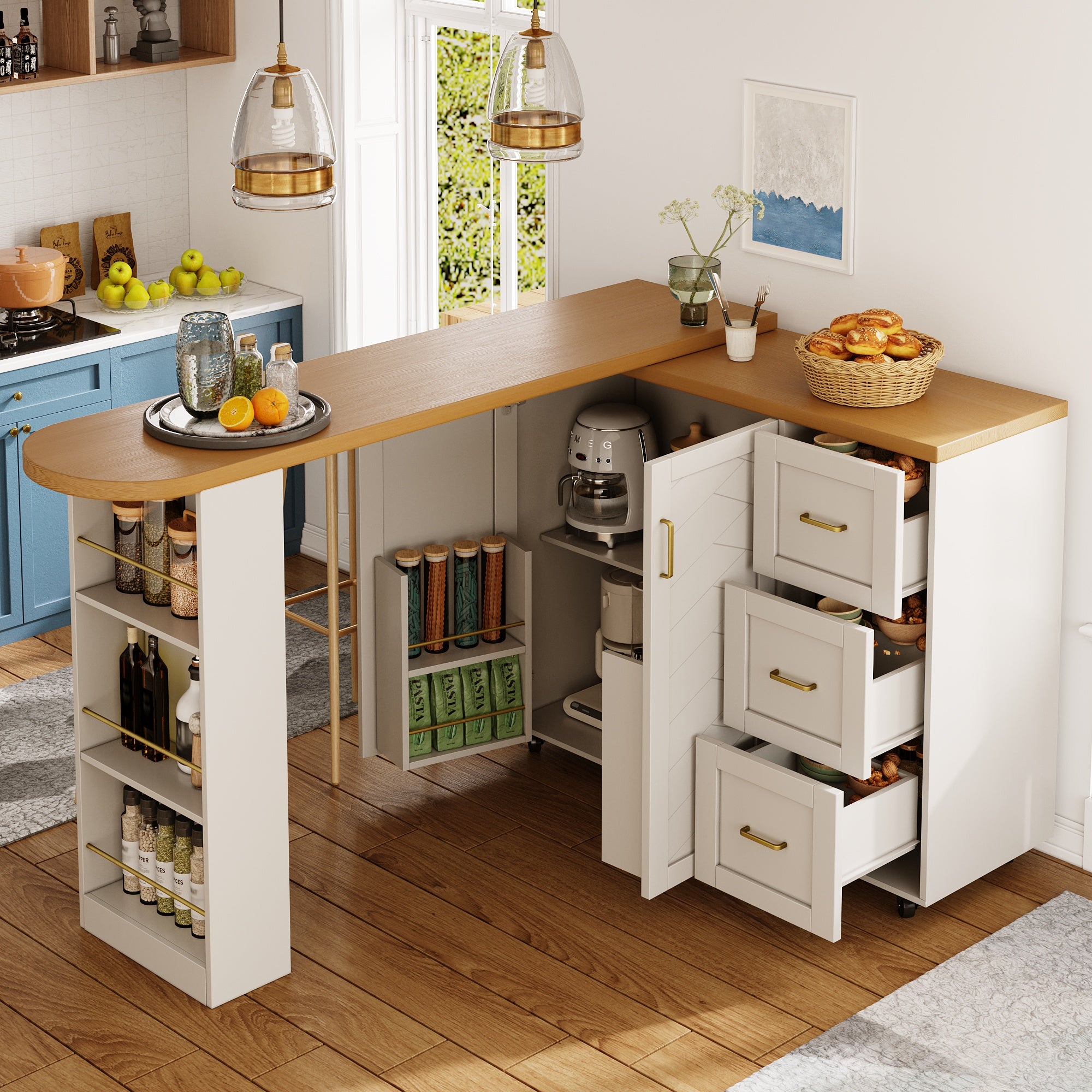 Extendable Bar Cart with 2 Doors & 3 Drawers (135-228 x 39 x 104 cm), Rollable, Home Bar in White, Worktop in Wood Look
