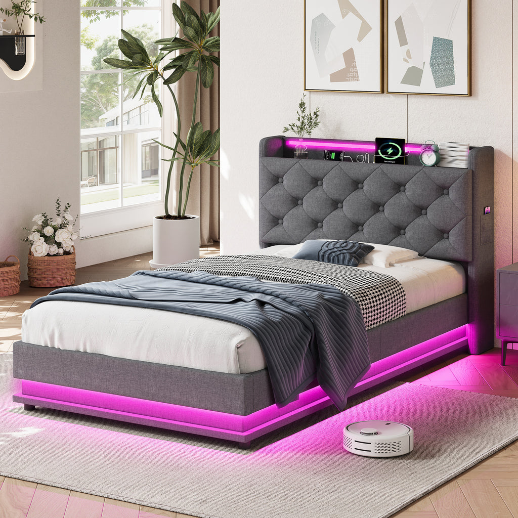 3ft Single Upholstered Bed Frame with Hydraulic Storage, LED Button Tufted Headboard with Charging Station and Concealed Headboard Storage, USB and Type-C Ports, Linen, Grey (No Mattress)