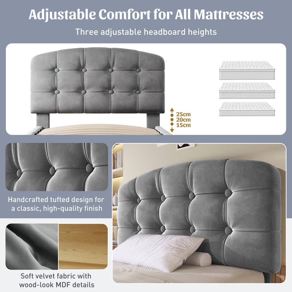 Upholstered Single Bed with Storage Compartments and Drawers, 3ft Single Bed with Adjustable Headboard, 90 x 190 cm, Velvet, Grey (No Mattress)