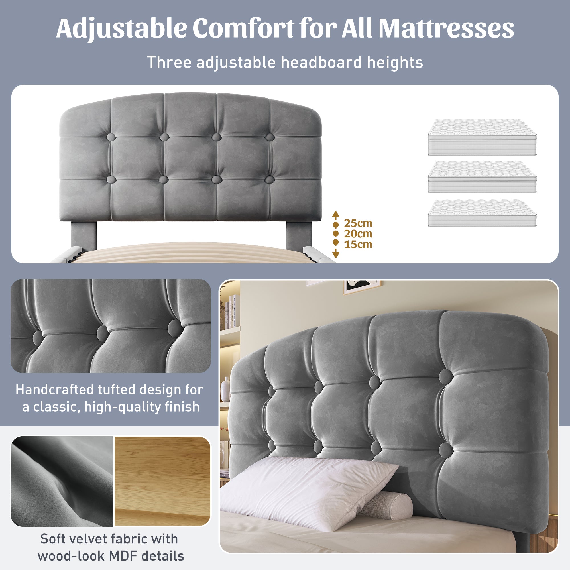 Upholstered Single Bed with Storage Compartments and Drawers, 3ft Single Bed with Adjustable Headboard, 90 x 190 cm, Velvet, Grey (No Mattress)
