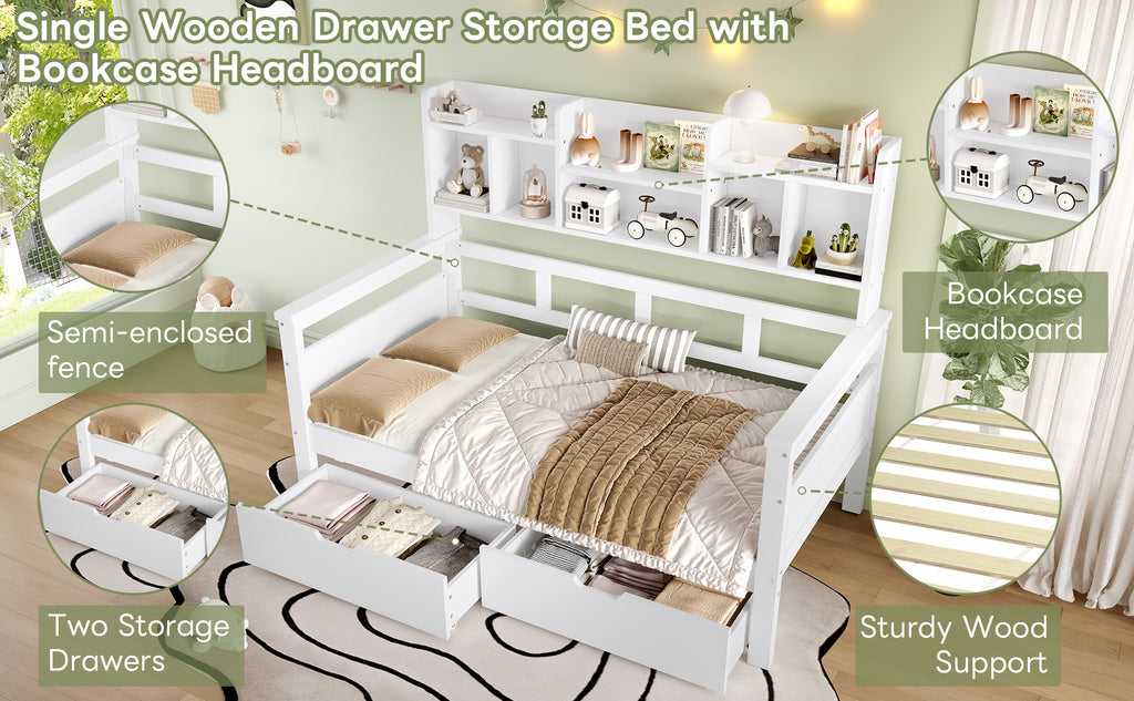 3ft Single Beds for Kids with Two Storage Drawers and Bookcase headboard, Wooden Bed Frame with Storage and Guardrail, Space-Saving Design for Bedroom, Dorm and Study Room, White (No Mattress)