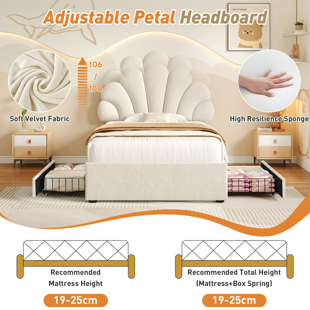 3ft Single Upholstered Bed with Adjustable Chic Petal Headboard, Soft Velvet Bed Frame with 2 Storage Drawers, Petal Bed with Solid Wood Slat, No Box Spring Needed, Easy Assembly, Beige (No Mattress)