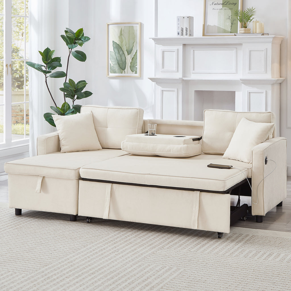 L-Shaped Pull Out Sleep Sofabed, Modern Reversible Sleeper Sectional Sofa, 3 in 1 Convertible Sofa Bed with Storage Chaise, Drop-Down Table, Cup Holders and Charging Ports (USB & Type-C), Beige