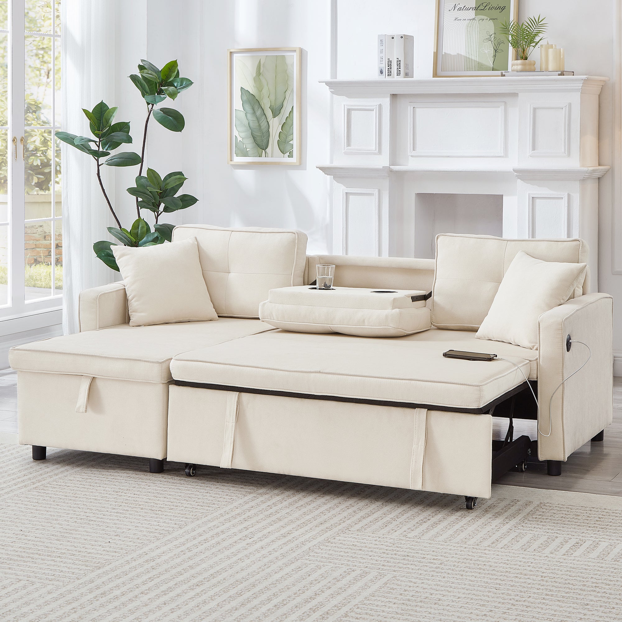 L-Shaped Pull Out Sleep Sofabed, Modern Reversible Sleeper Sectional Sofa, 3 in 1 Convertible Sofa Bed with Storage Chaise, Drop-Down Table, Cup Holders and Charging Ports (USB & Type-C), Beige