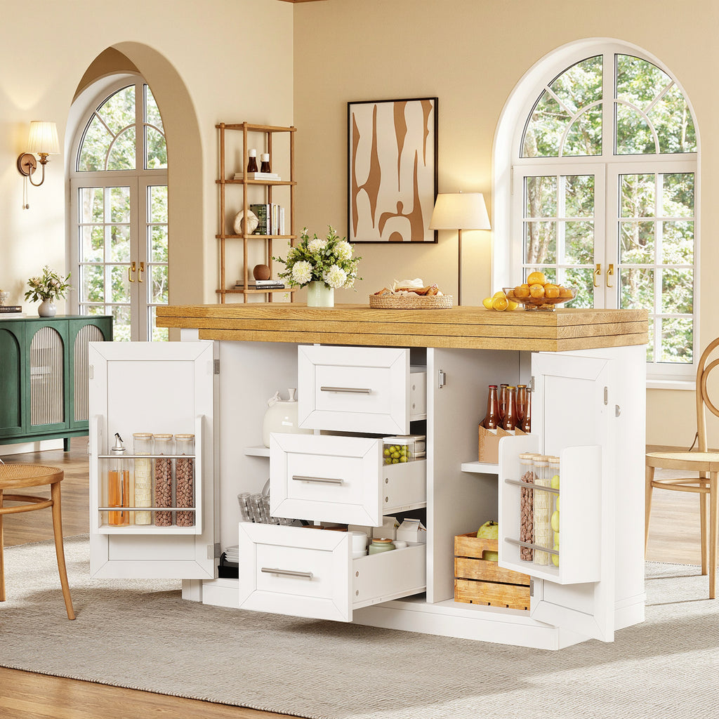 Extendable Sideboard & Table Combo, 120-180 cm Adjustable Dining Table with Storage, 3 Drawers & Snack racks, Space-Saving kitchen island for Small Flats, White/Antique Green