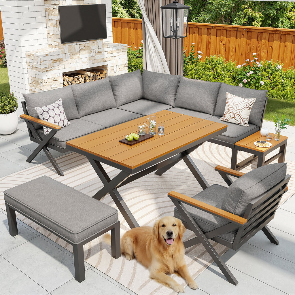Outdoor Sofa Set with X-Shaped Metal Frame, 8cm Thick Cushions, Plastic Wood Armrests, for Patio & Garden