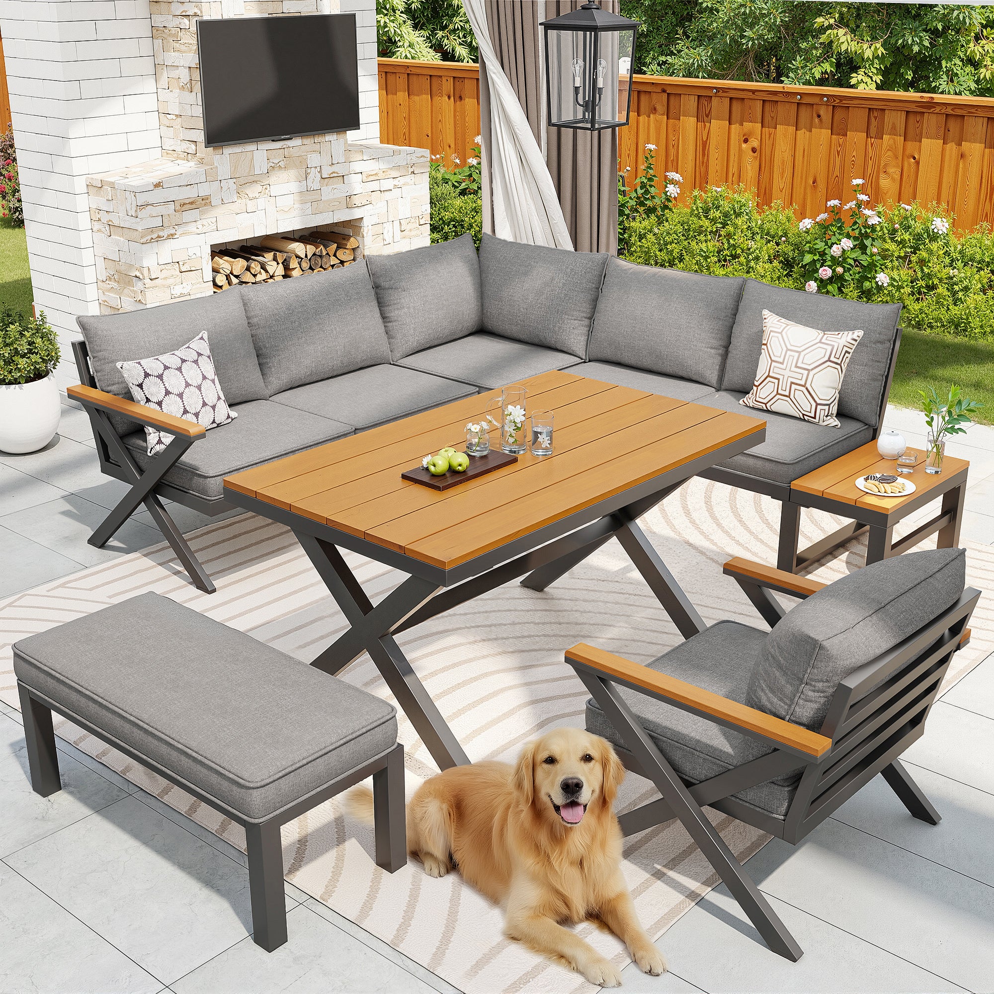 Outdoor Sofa Set with X-Shaped Metal Frame, 8cm Thick Cushions, Plastic Wood Armrests, for Patio & Garden