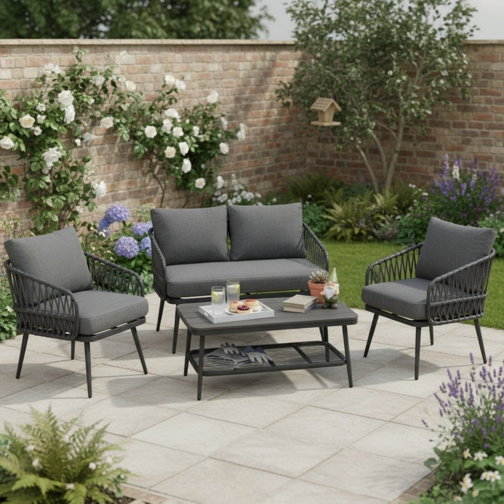 4 Seater Garden Set with Plastic Wood Storage Coffee Table, Polyester Rope Outdoor Set with Sofa and Armchairs, Weatherproof Outdoor Patio Sofa for Balcony and Terrace, Linen, Grey
