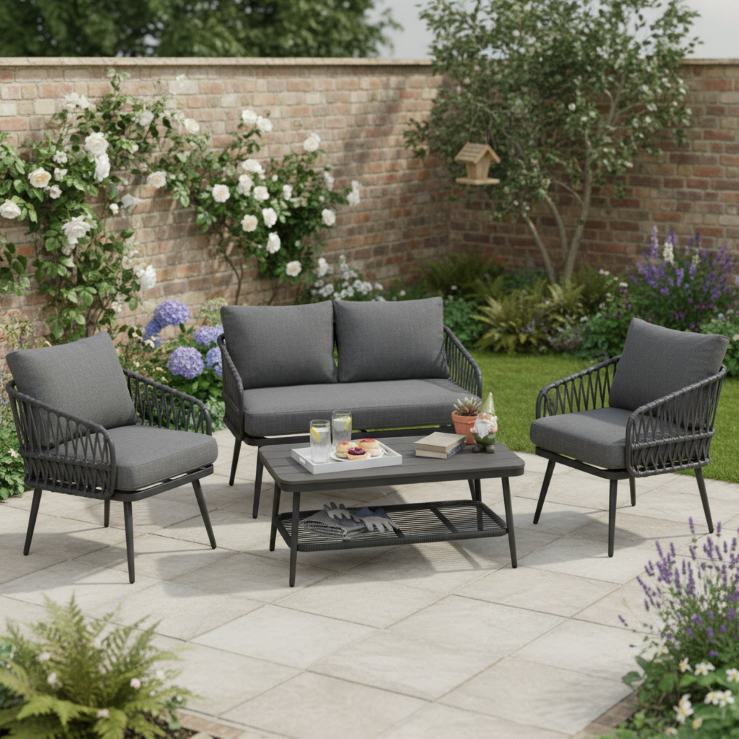 4 Seater Garden Set with Plastic Wood Storage Coffee Table, Polyester Rope Outdoor Set with Sofa and Armchairs, Weatherproof Outdoor Patio Sofa for Balcony and Terrace, Linen, Grey