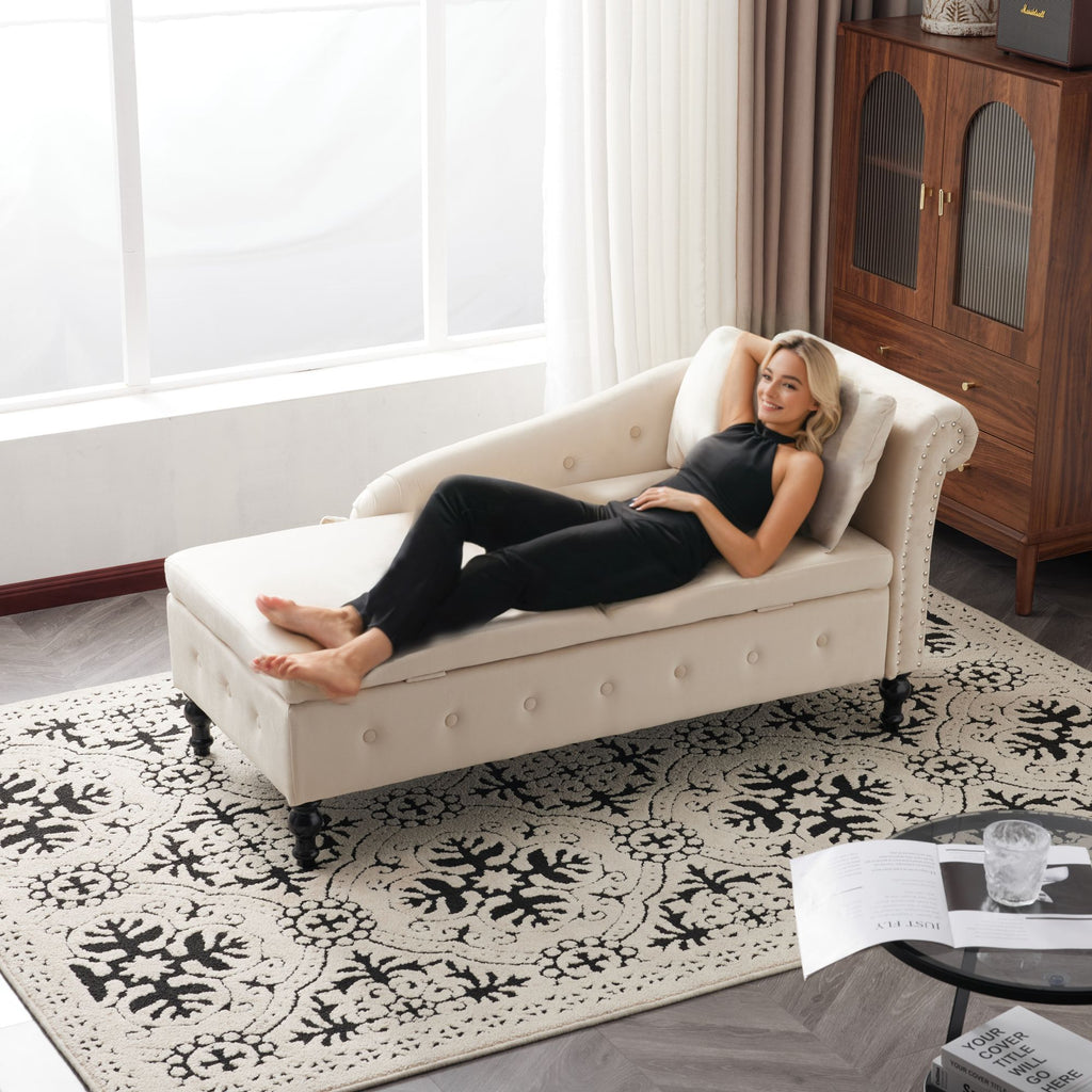 Velvet Chaise Lounge Sofa with Storage, Upholstered Chaise lounge Couch with Pillow for Living Room, Modern Nailhead-Trim & Button-tufted Lounge Chair, Bedroom and Office, Right Armrest