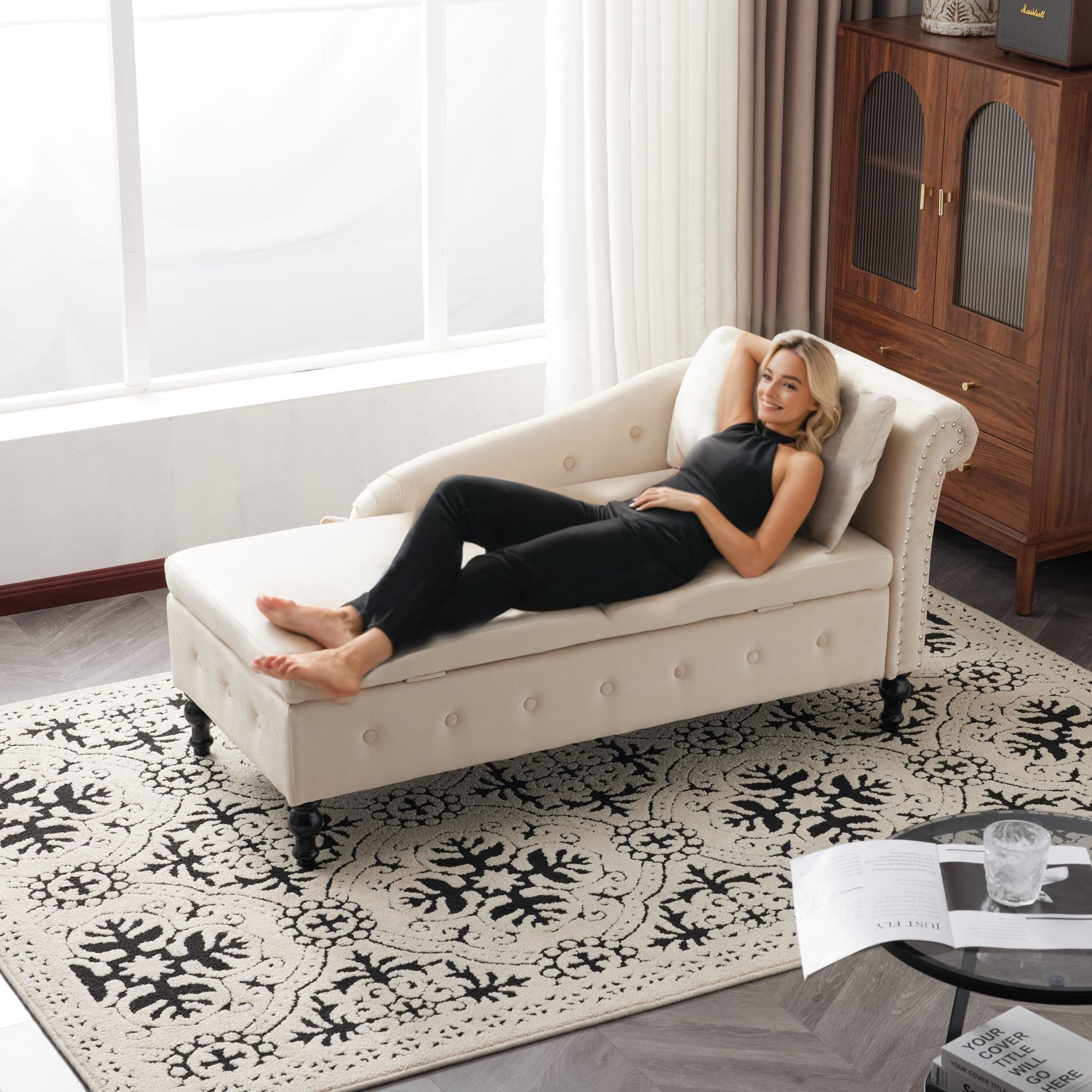 Velvet Chaise Lounge Sofa with Storage, Upholstered Chaise lounge Couch with Pillow for Living Room, Modern Nailhead-Trim & Button-tufted Lounge Chair, Bedroom and Office, Right Armrest