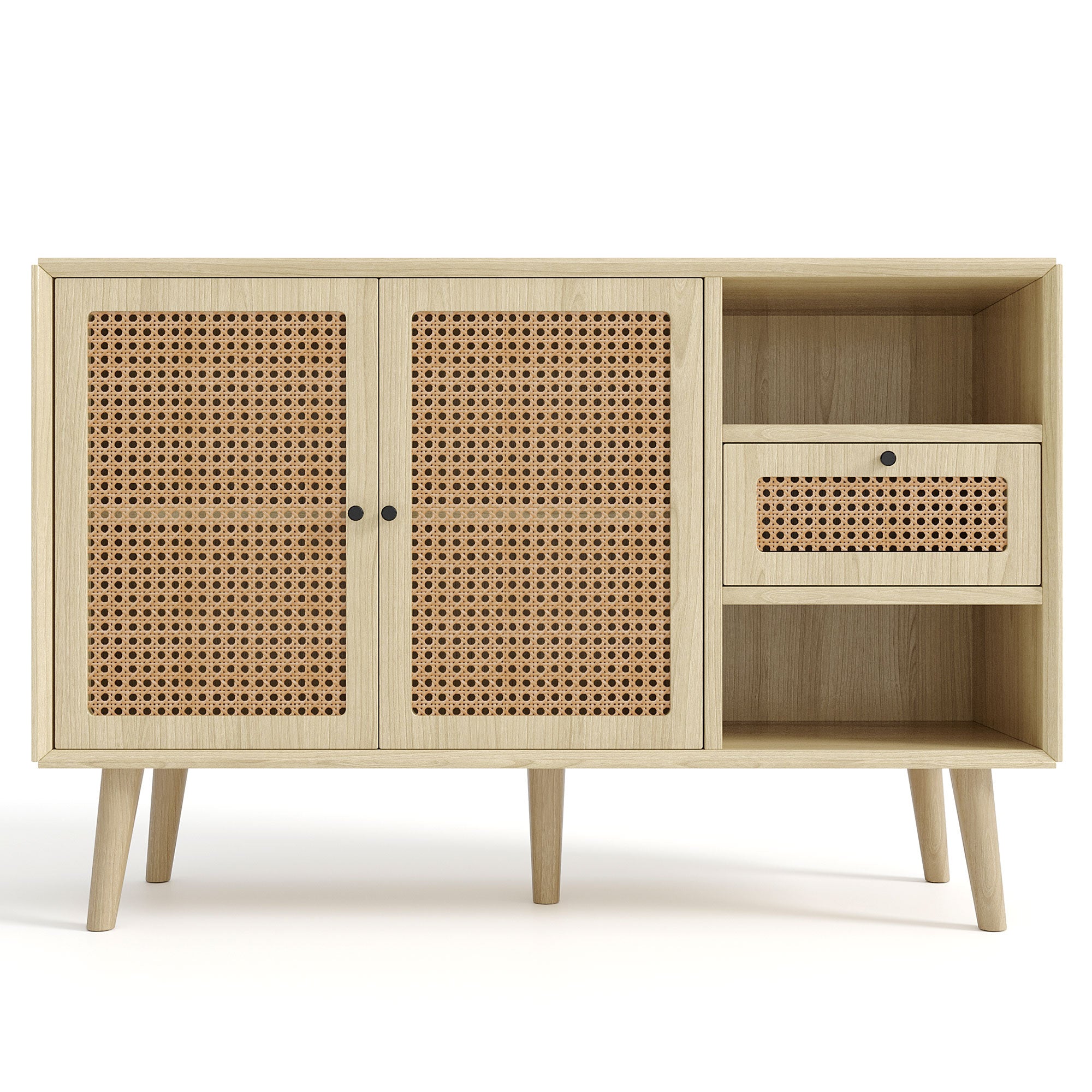 Modern simple sideboard 120*40*80cm, light-colored wooden woven door design, with drawers and unique legs, creating a warm and comfortable home atmosphere
