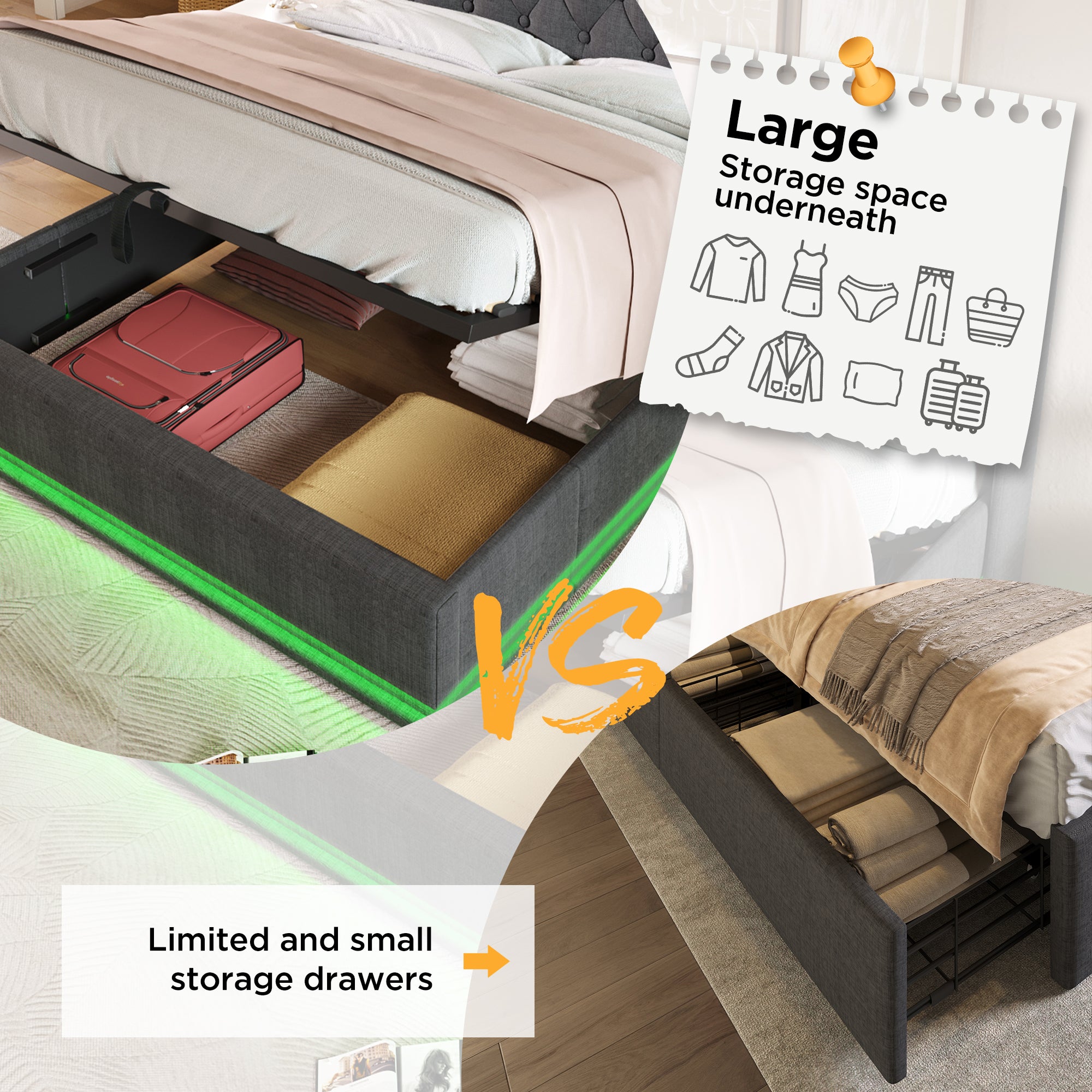 Upholstered King Ottoman Bed with 360 Surround Led Function,Hydraulic Storage Bed Frame with Large Storage Space, 5ft King size Bed Frame with Charging Function,150x200 ,Linen, Grey (No Mattress)