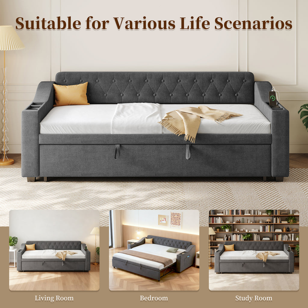 Upholstered Bed 90x190cm, Daybed, Sofa Bed with Charging Station, 3ft Single Linen Daybed with Armrest Storage. Pull out Trundle Bed for Living Room/ Bedroom/ Study Room, Grey (No Mattress)
