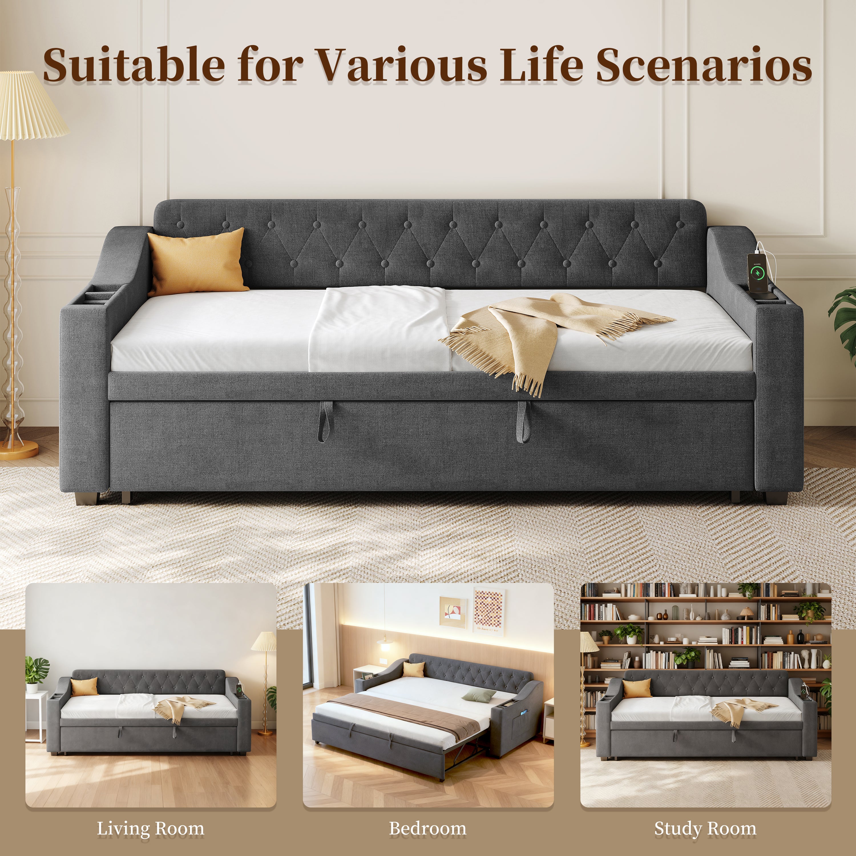 Upholstered Bed 90x190cm, Daybed, Sofa Bed with Charging Station, 3ft Single Linen Daybed with Armrest Storage. Pull out Trundle Bed for Living Room/ Bedroom/ Study Room, Grey (No Mattress)