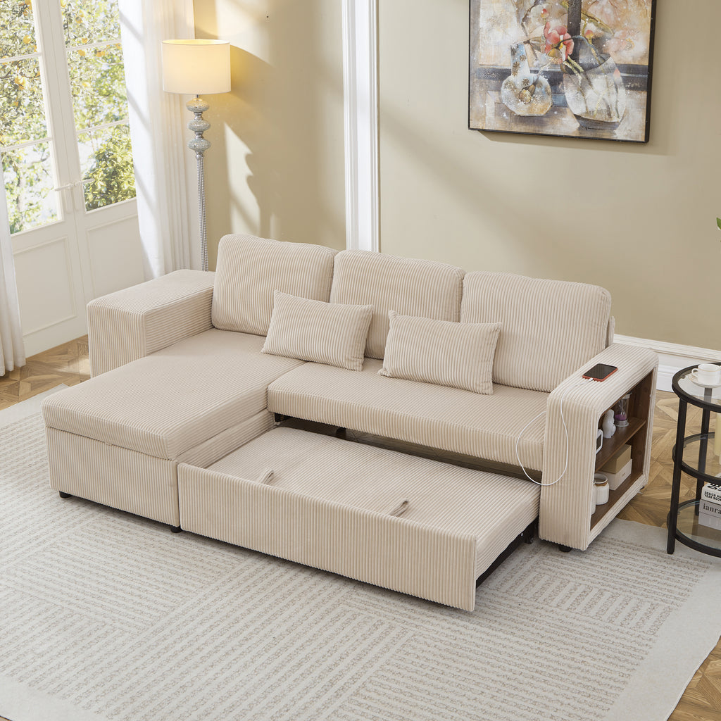 Modern L-Shaped Convertible Sofa Bed, 3-in-1 Convertible Sofa Bed with Internal Storage Chaise, Nesting Footstools, Integrated Charging Station & Adjustable Armrest Side Storage, Corduroy Fabric,Beige