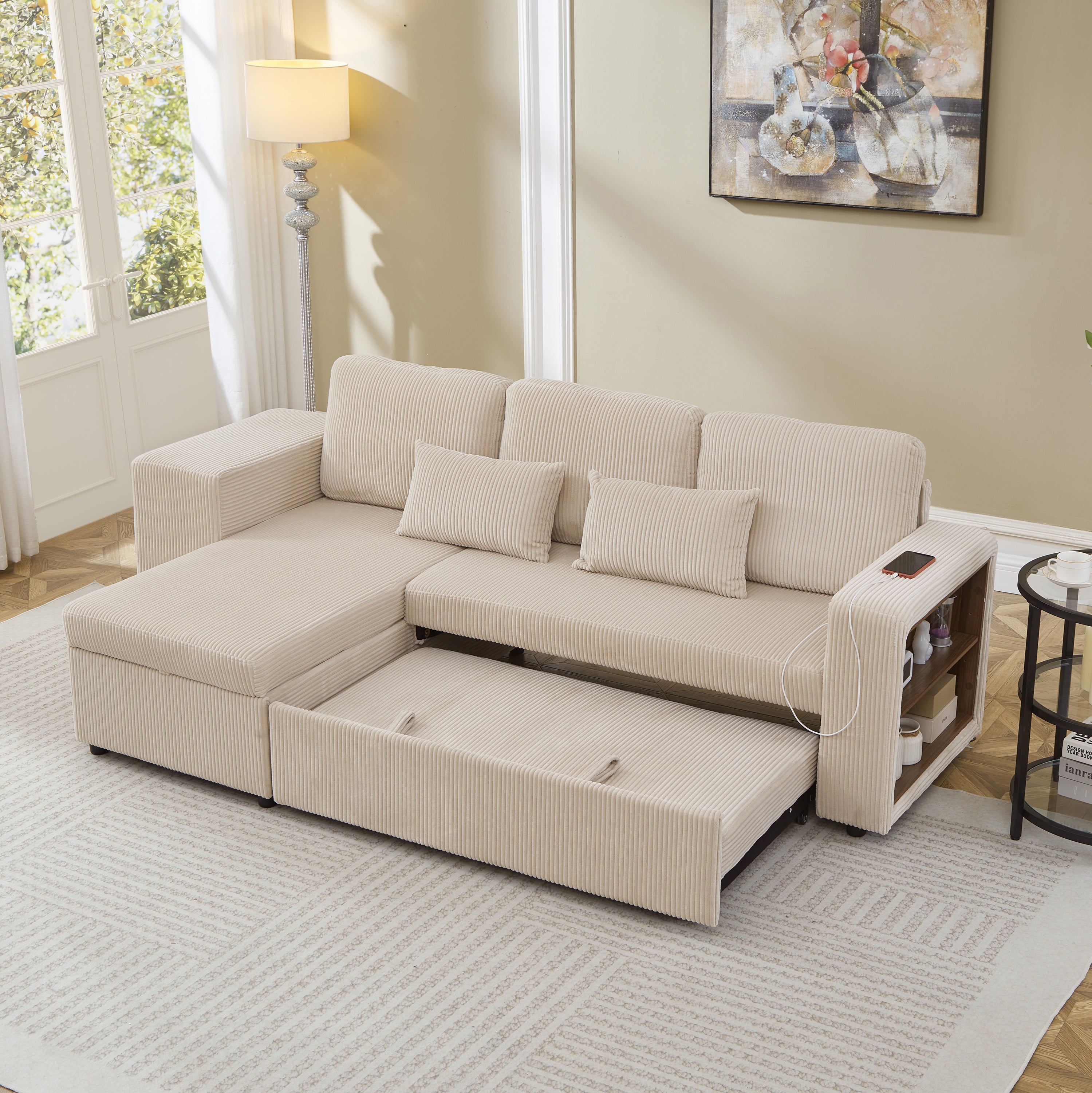 Modern L-Shaped Convertible Sofa Bed, 3-in-1 Convertible Sofa Bed with Internal Storage Chaise, Nesting Footstools, Integrated Charging Station & Adjustable Armrest Side Storage, Corduroy Fabric,Beige