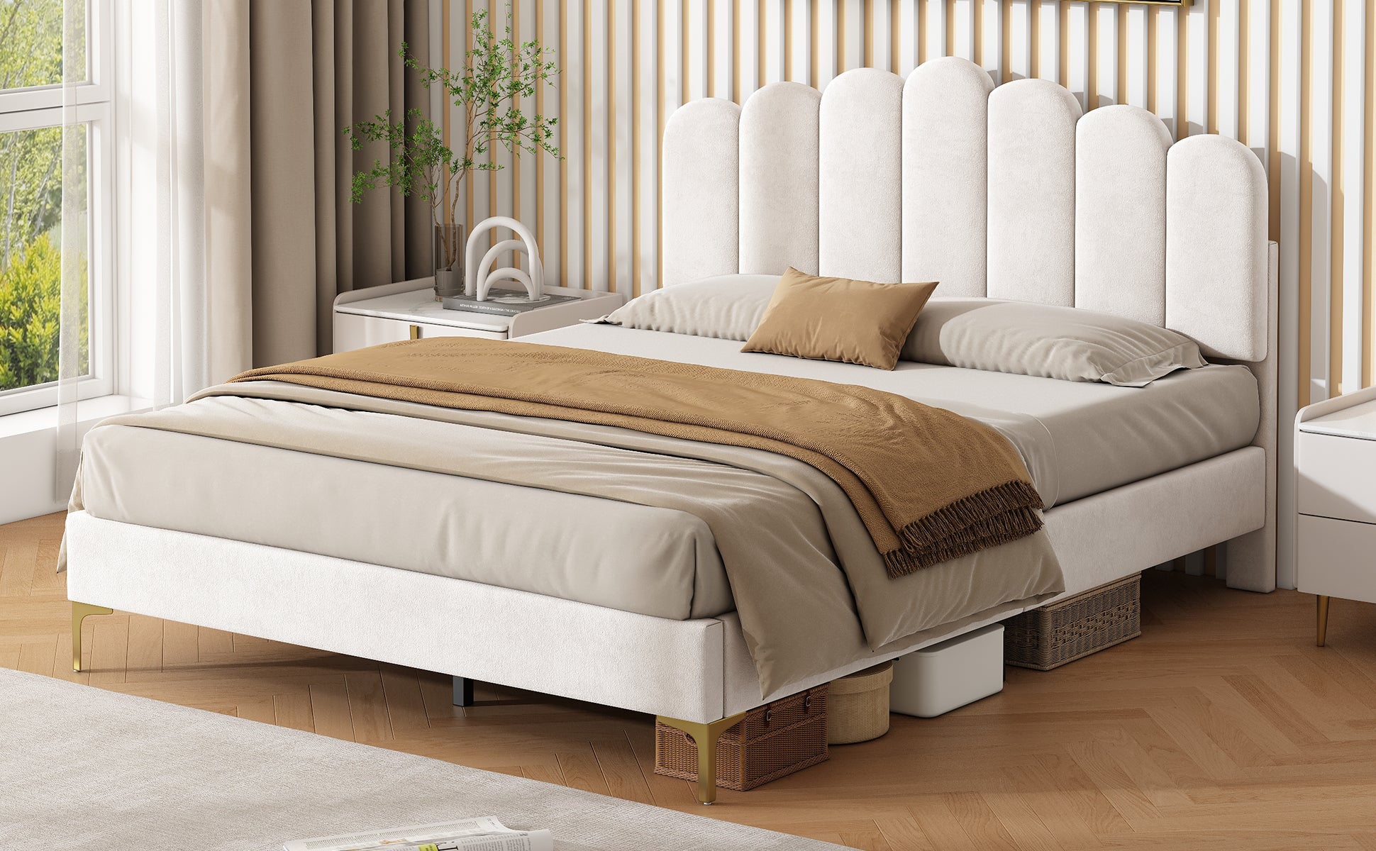 4ft6 Double Premium Velvet Upholstered Bed Frame with Scalloped Channel Tufted Design, Height Adjustable Headboard & Gold Metal Feet, Under-bed Storage Space, No Box Spring Needed, Beige (No Mattress)