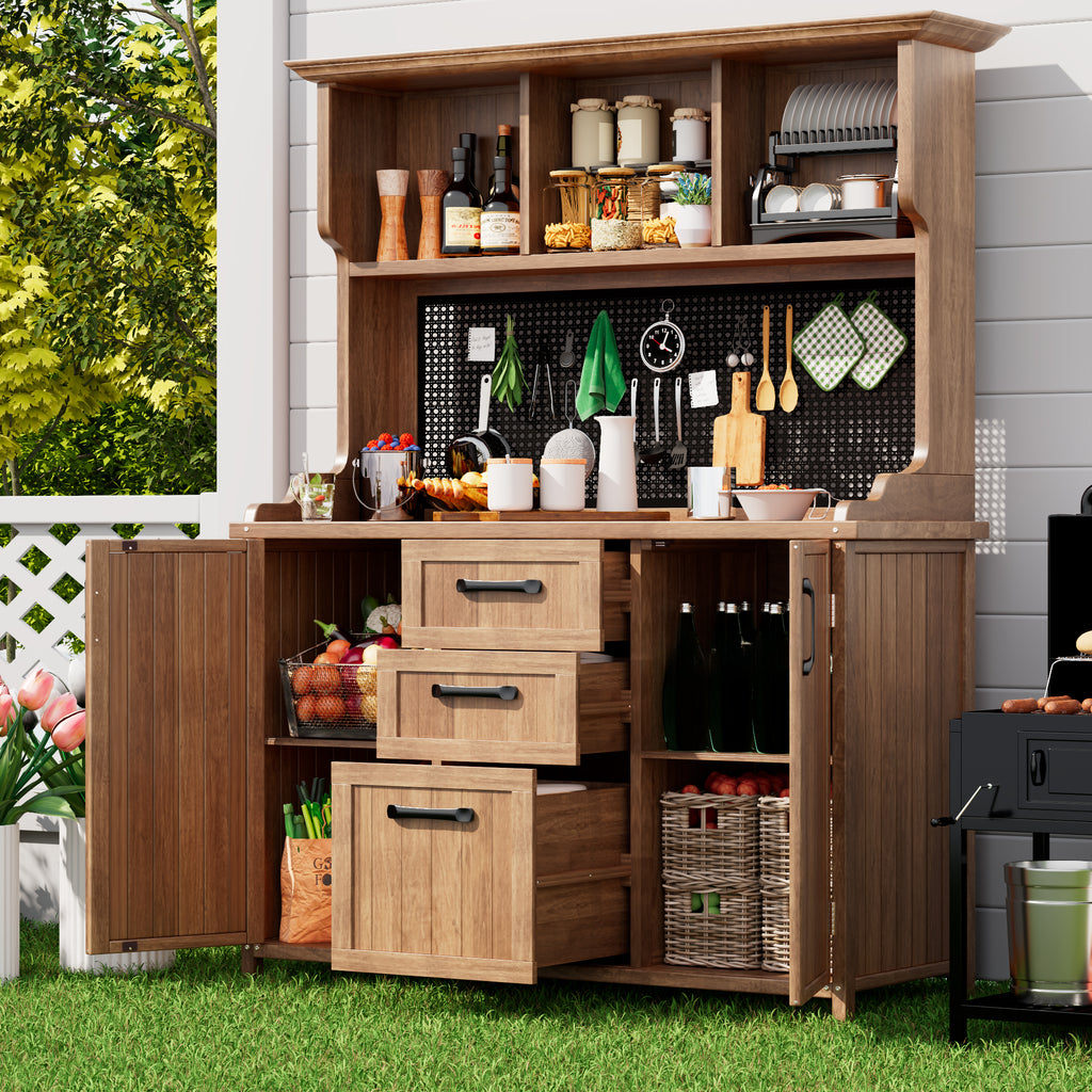 Wooden garden cabinet, garden tool cabinet made of solid fir wood – freestanding cabinet with 3 drawers, 3 compartments, metal pegboard and adjustable shelves
