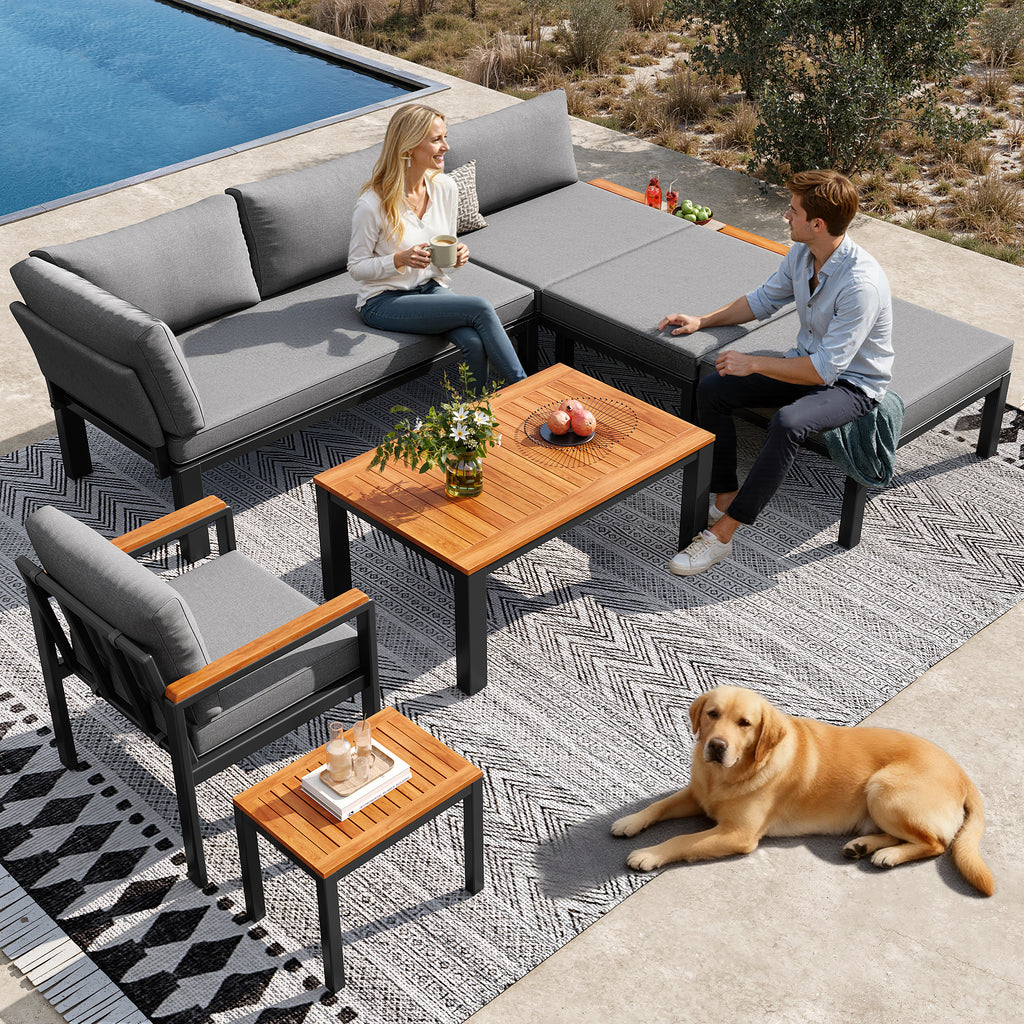 Modular Outdoor Sofa Set with Free Combination, Aluminium Frame, Breathable Cushions, Wooden Coffee Table & Side Table, for Patio, Garden & Backyard
