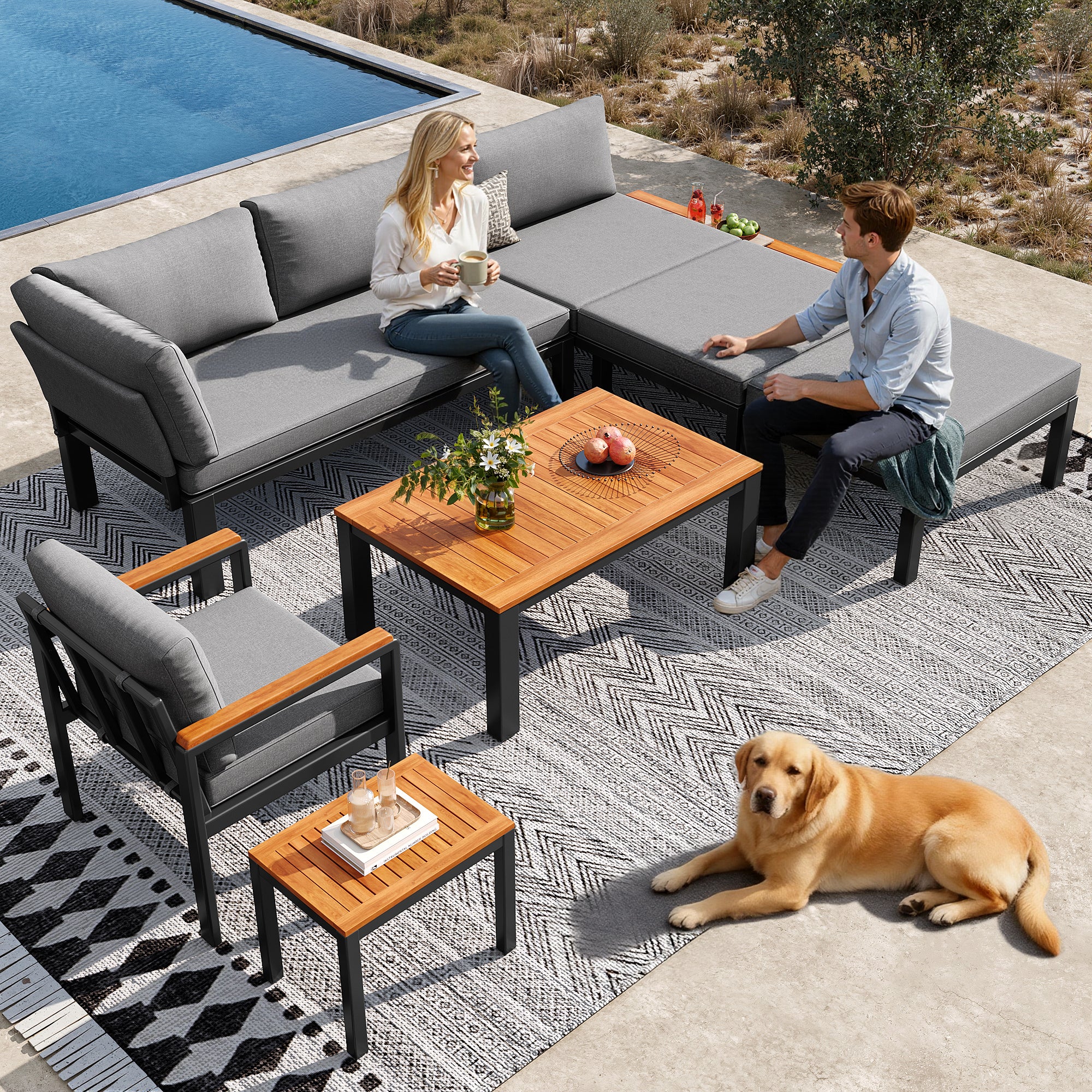 Modular Outdoor Sofa Set with Free Combination, Aluminium Frame, Breathable Cushions, Wooden Coffee Table & Side Table, for Patio, Garden & Backyard