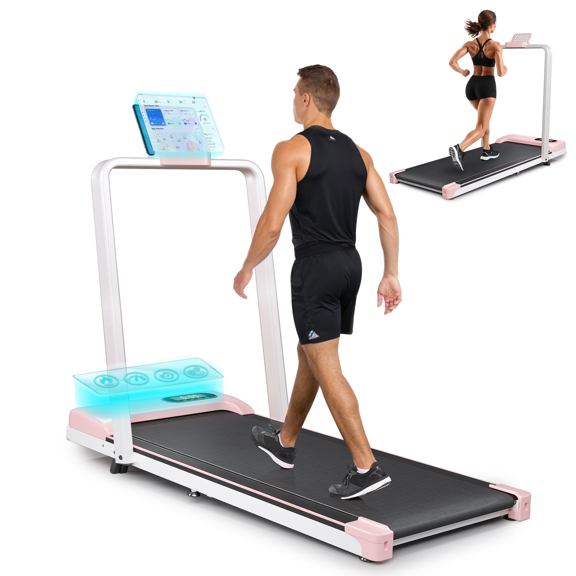 Folding Treadmill with Handrail & Adjustable Incline, 1-10 km/h Running Machine, Space Saving Low Noise Design, LED Display, Phone Holder, Remote Control, Transport Wheels & Plug, Pink.