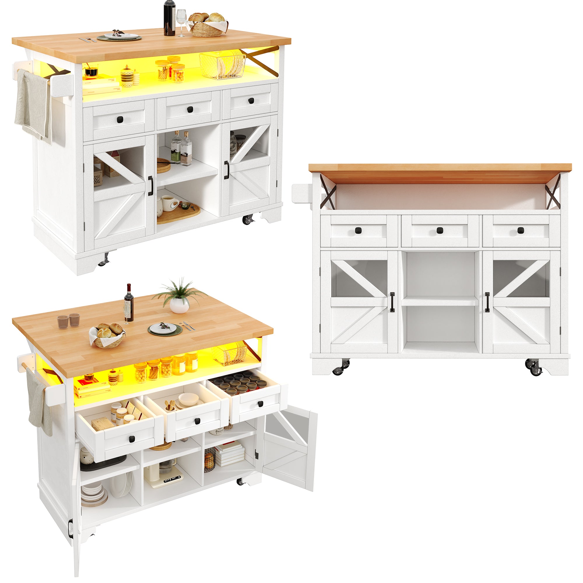 Multifunctional Mobile Kitchen Island Cart - with App-Controlled LED, Drop-Leaf Table, 3 Drawers & 2 Doors, Bar Sideboard with Storage